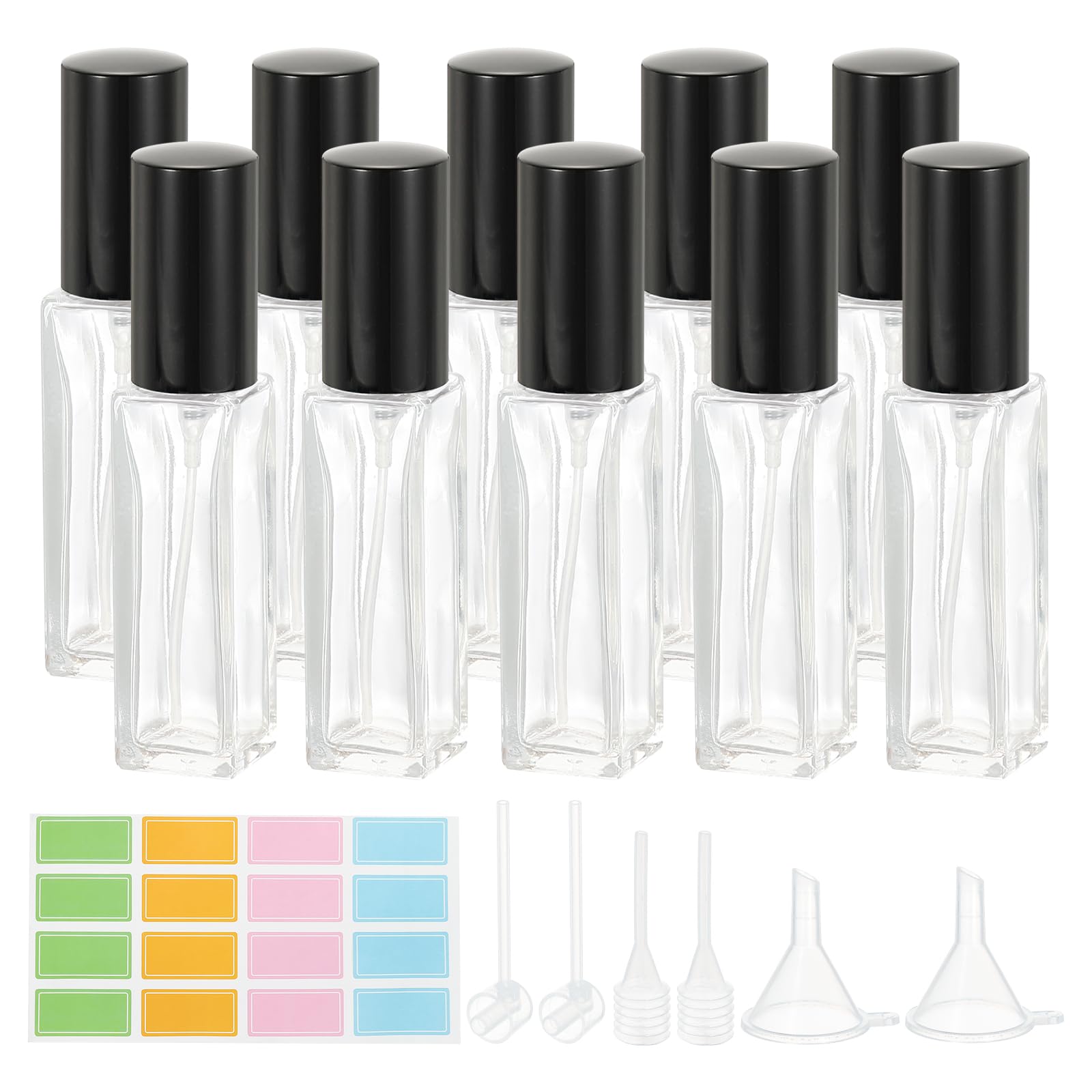 PATIKIL Travel Perfume Bottle Refillable, 10 Pcs 10ml Travel Size Mist Perfume Bottle Empty Glass Sprayer with Labels Funnel Pip