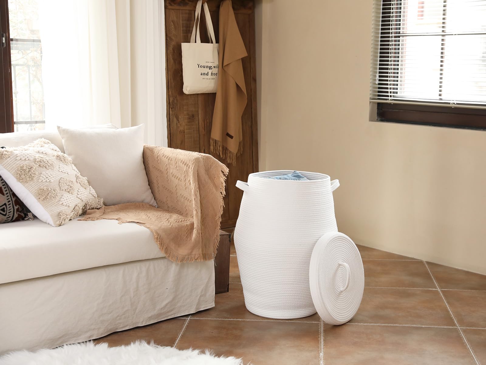 26'' X 20'' Tall Extra Large Storage Basket With Lid, Cotton Rope Storage Baskets, Woven Laundry Hamper With Cover, For Clothes