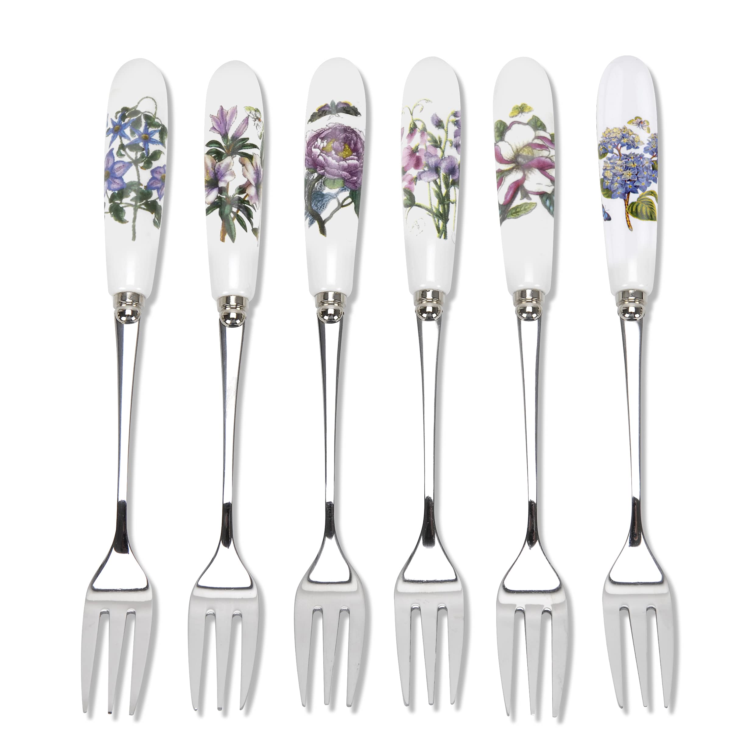 Portmeirion Botanic Garden 6'' Pastry Forks - Set Of 6 | Assorted Floral Motifs | Stainless Steel And Porcelain | Chip-Resistant
