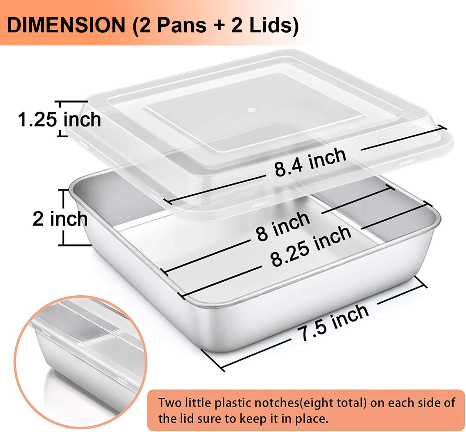 Teamfar Square Cake Pan With Lid(2 Pans & 2 Lids), 8 Inch Stainless Steel Square Baking Pan Cake Brownie Pan With Lid For Meal P