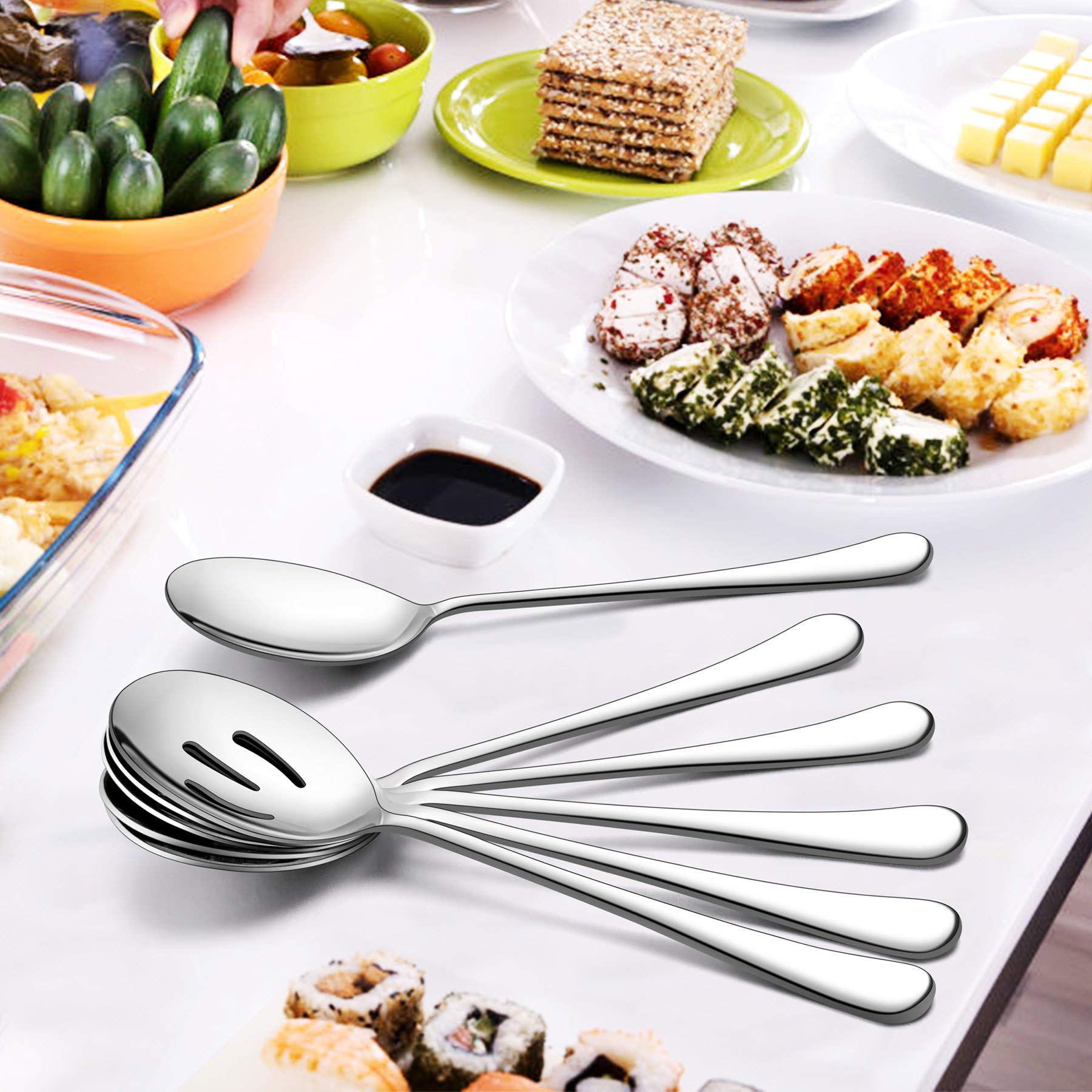 Lianyu Large Serving Spoons And Forks Set Of 12, Stainless Steel Buffet Catering Dinner Party Slotted Serving Spoon Fork, 9.8 In