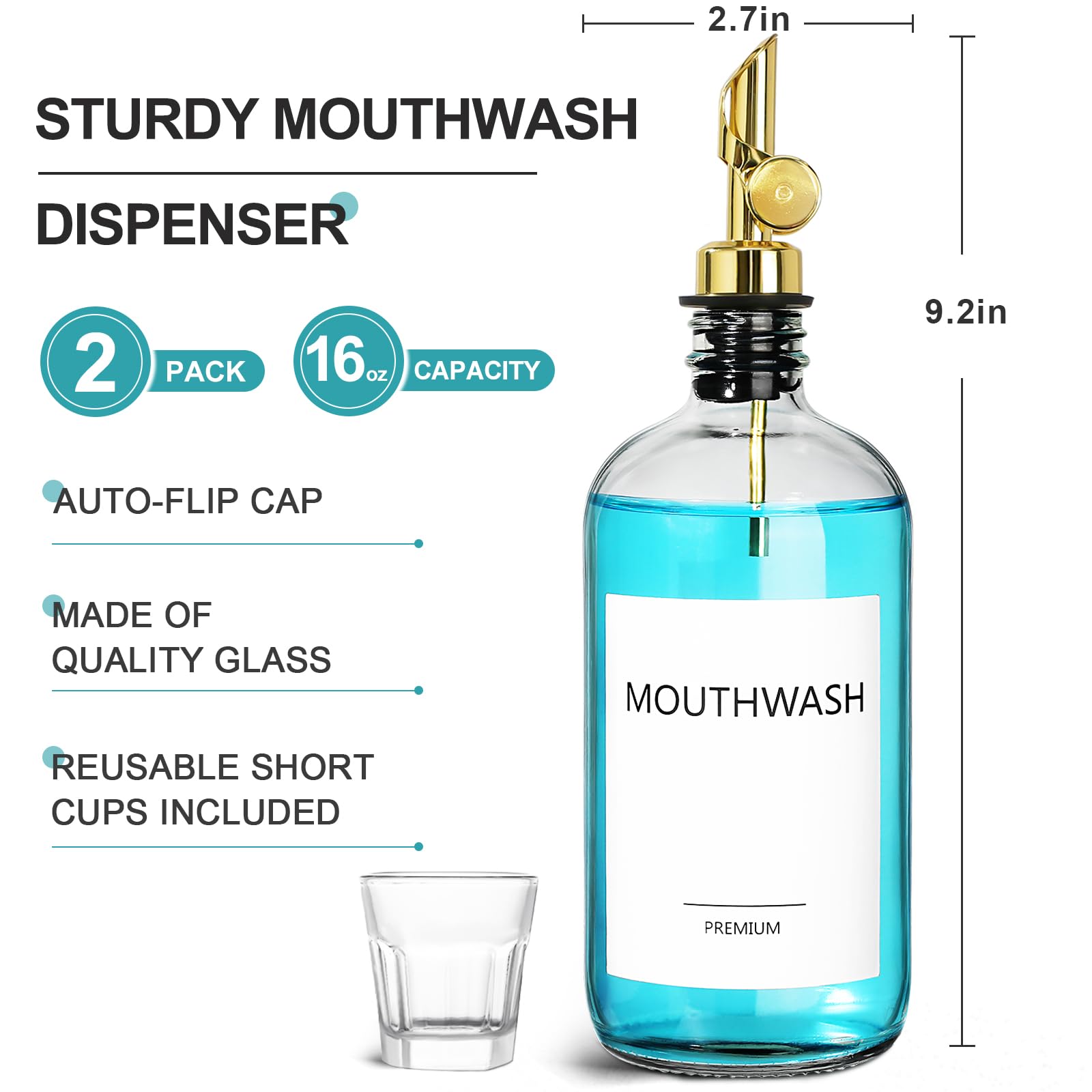 Toldatli Mouthwash Dispenser For Bathroom, Glass Mouthwash Dispenser With Cup, Mouth Wash Container Bottle With Cup, 2 Pack Refi
