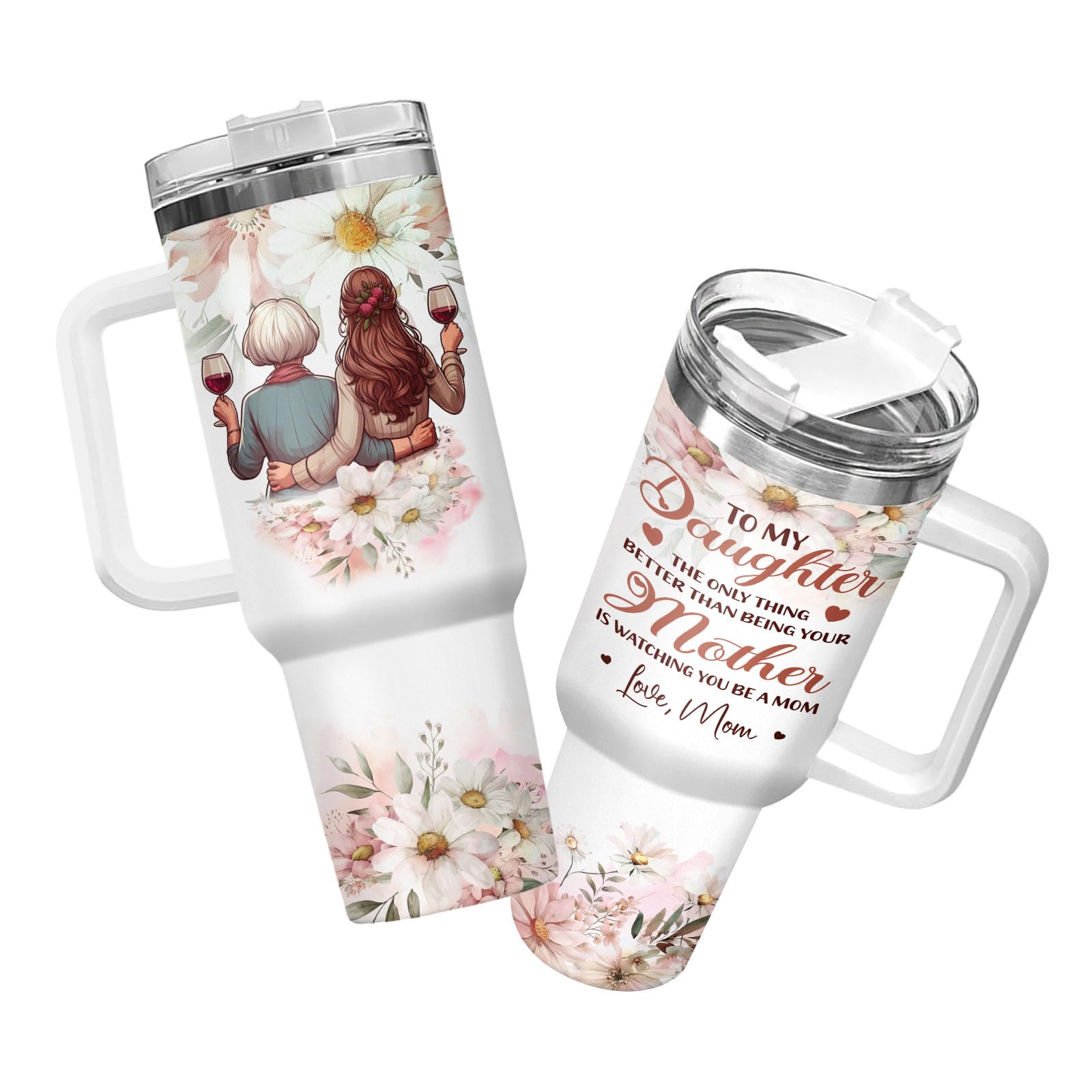 34HD Mother and Daughter Tumbler with Handle & Straw, 40oz Stainless Steel Vacuum Insulated Expecting Mom Mug with Lid, Birthday