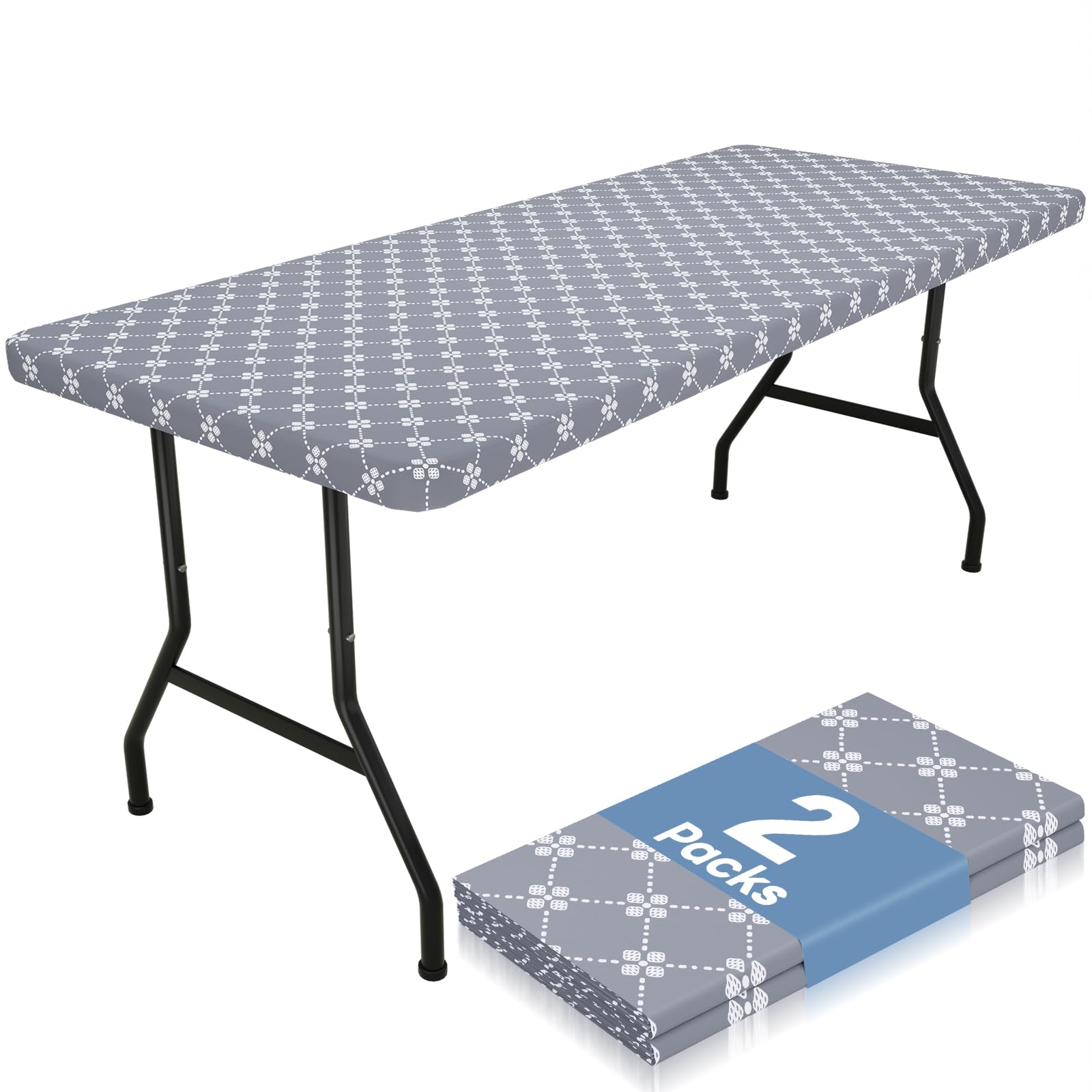 misaya 2 Pack Rectangle Vinyl Table Cloth, Elastic Fitted Tablecloth with Flannel Backing, Waterproof Plastic Table Cover Fits F