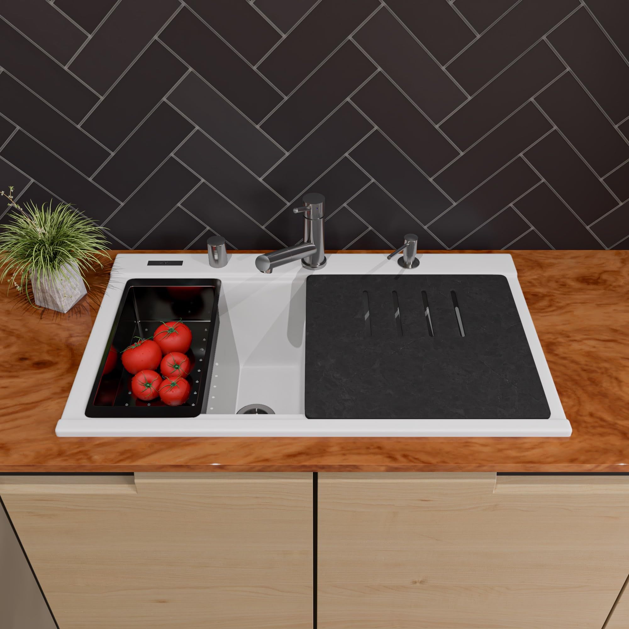 Alfi Brand Ab3418Dbdi-W White 33'' Granite Composite Workstation Step Rim Double Bowl Drop In Sink With Accessories
