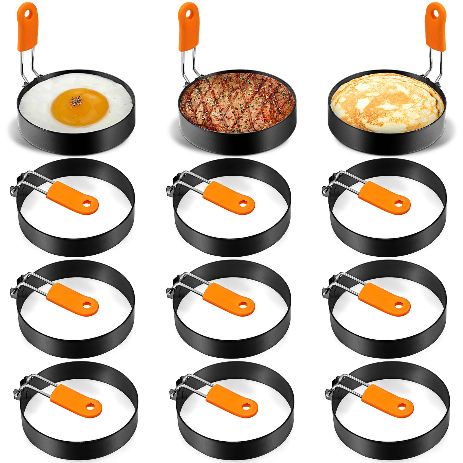 Patelai 12 Pcs 3.6 Inch Griddle Egg Ring For Frying Eggs With Orange Silicone Handle Stainless Steel Egg Circles For Cooking For