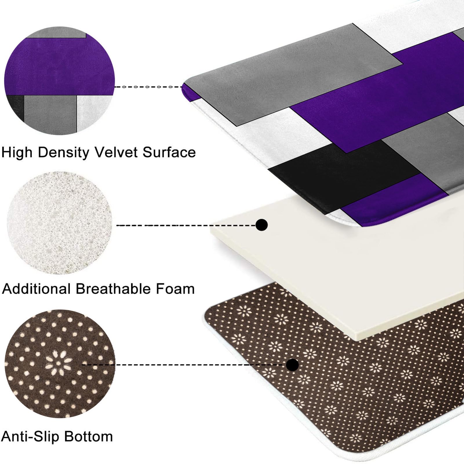 Tayney Purple Geometric Shower Curtain Set With Toilet Lid Cover And Non-Slip Rugs For Bathroom, Grey Black White Checkered 4 Pc