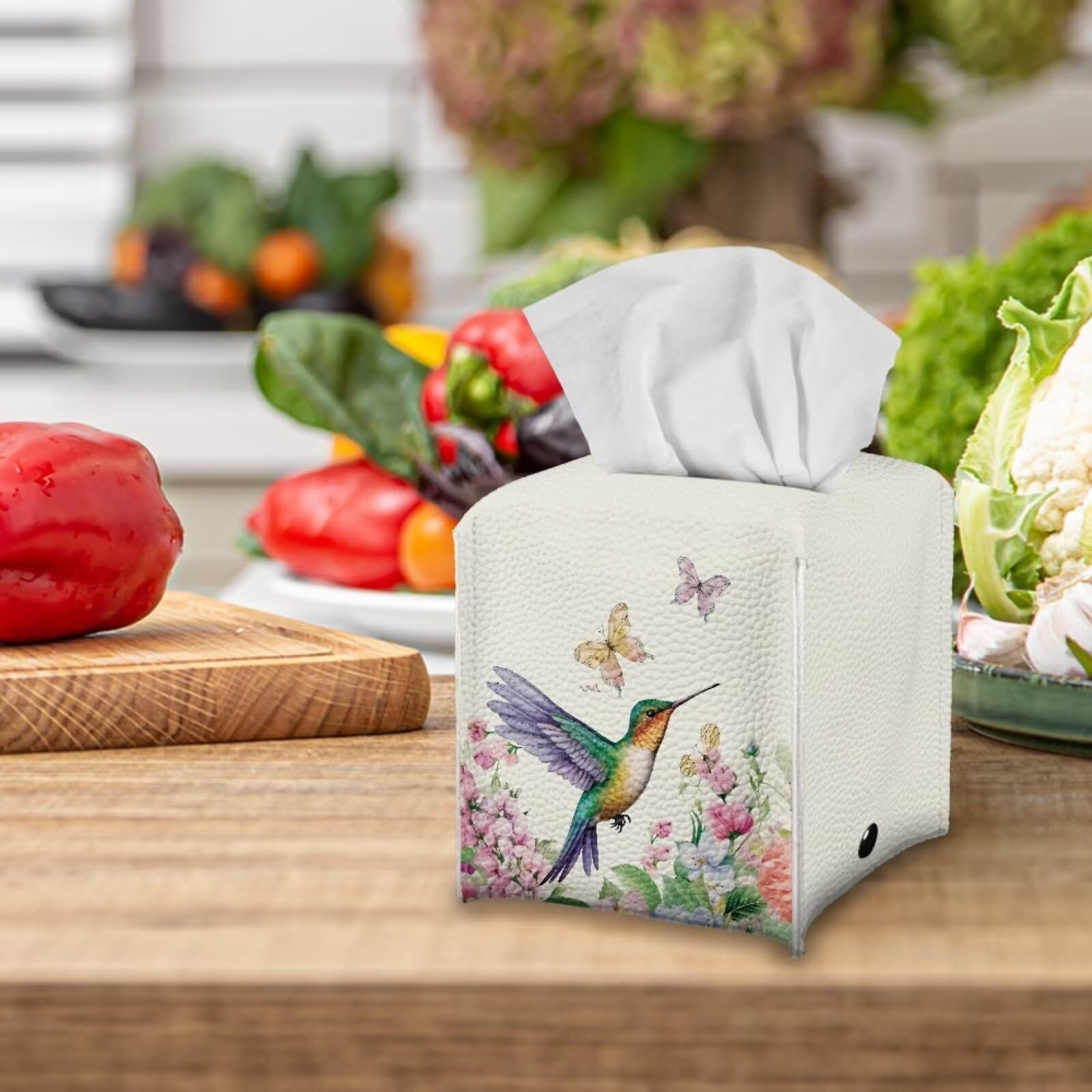 Tutolipy Hummingbird Butterfly Floral Leather Tissue Box Cover Square - Tissue Holder With Bottom Belt Aesthetic Pu Leather Tiss