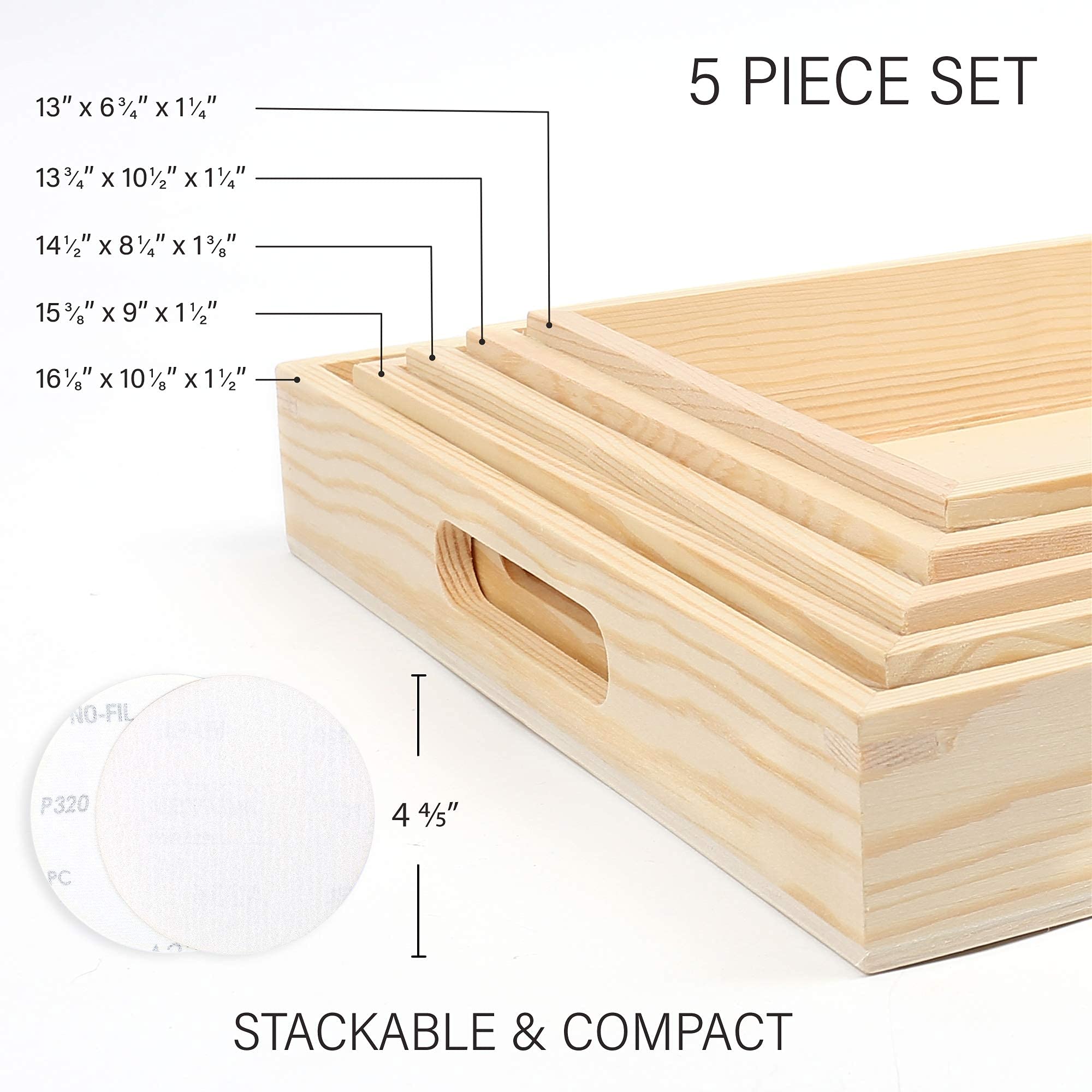 Lotfancy Wooden Nested Serving Trays, Set Of 5, Unfinished Natural Wood Trays With Handles, For Craft And Decor, Food Organizer