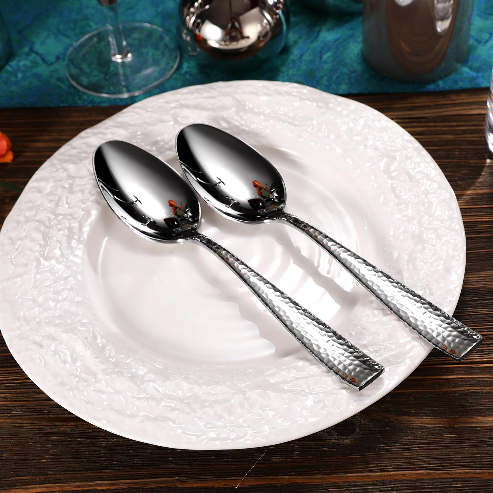 Keawell Premium Louis Hammered Serving Spoons, 18/10 Stainless Steel, Fine Spoon Set With Squared Edge, Dishwasher Safe, Silver