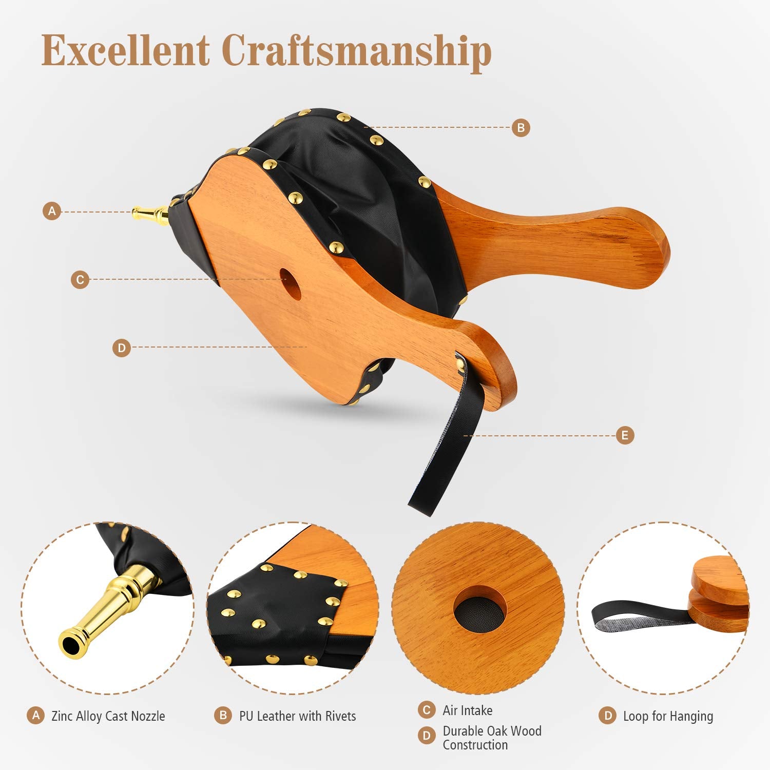 OAK LEAF Bellows  19'' x 8'' Large Fire Bellow for BBQ Fireplace Fire Pit Indoor Outdoor Wood Stove Barbecue Camping  Wood Air Blower Hand Bellows with Hanging Strap & Zinc Alloy Nozzle  Oak Wood