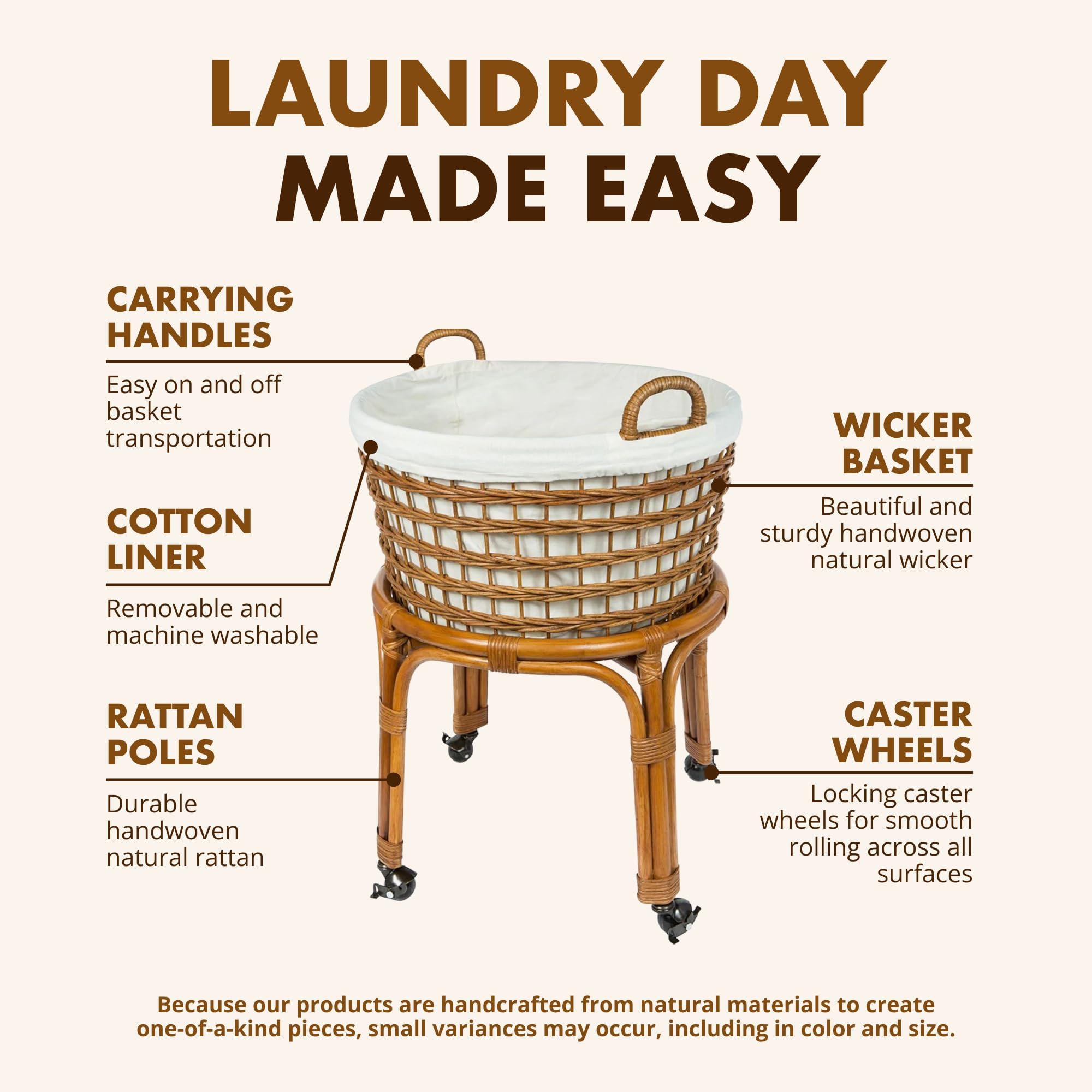 Kouboo Rolling Wicker Laundry Basket, Handwoven Wicker Hamper With Removable Cotton Liner, Stand, & Locking Caster Wheels, Honey