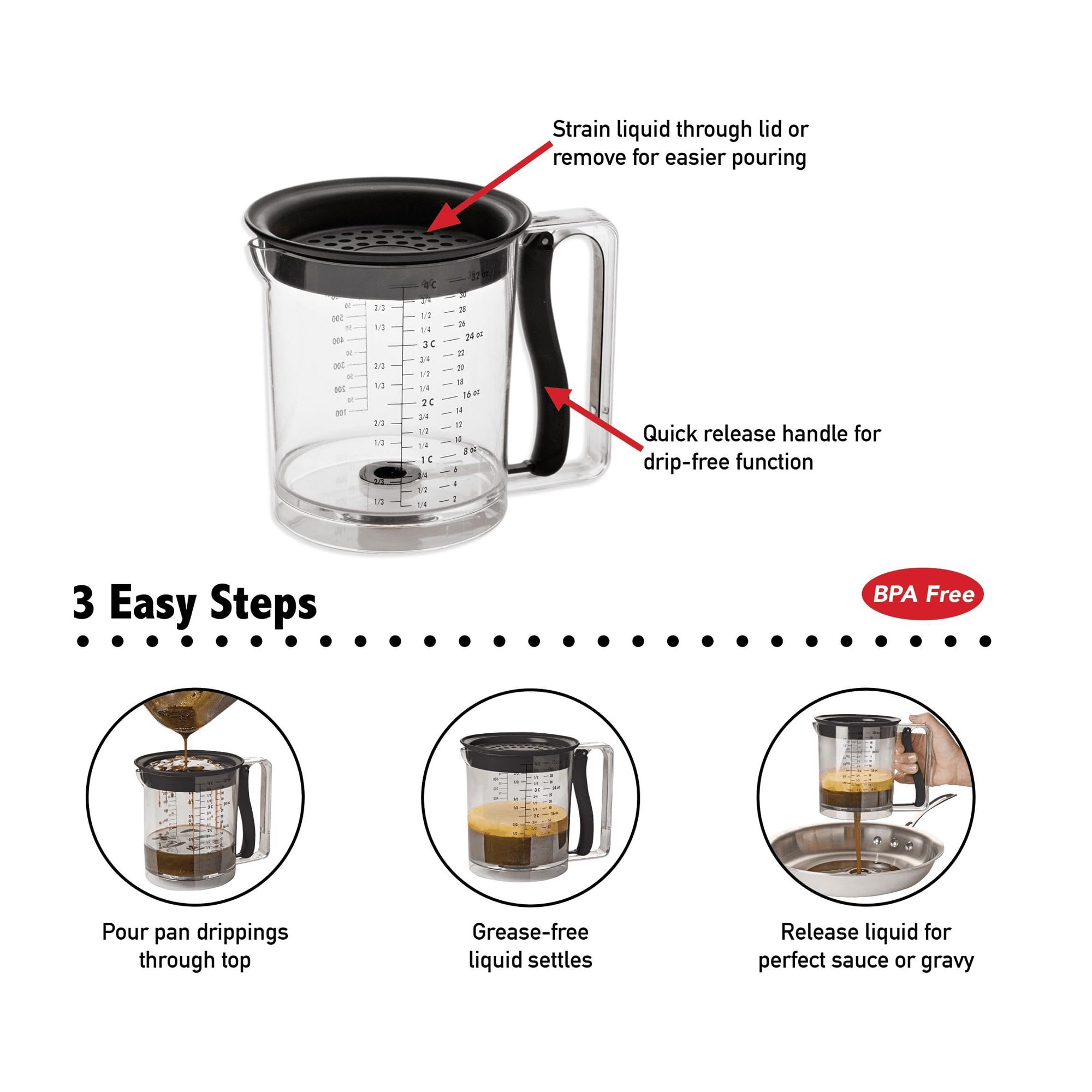 Amco 32Oz Grease Separator With Bottom Release | Dishwasher Safe | Innovative Design For Mess-Free Pouring | Incremental Measure
