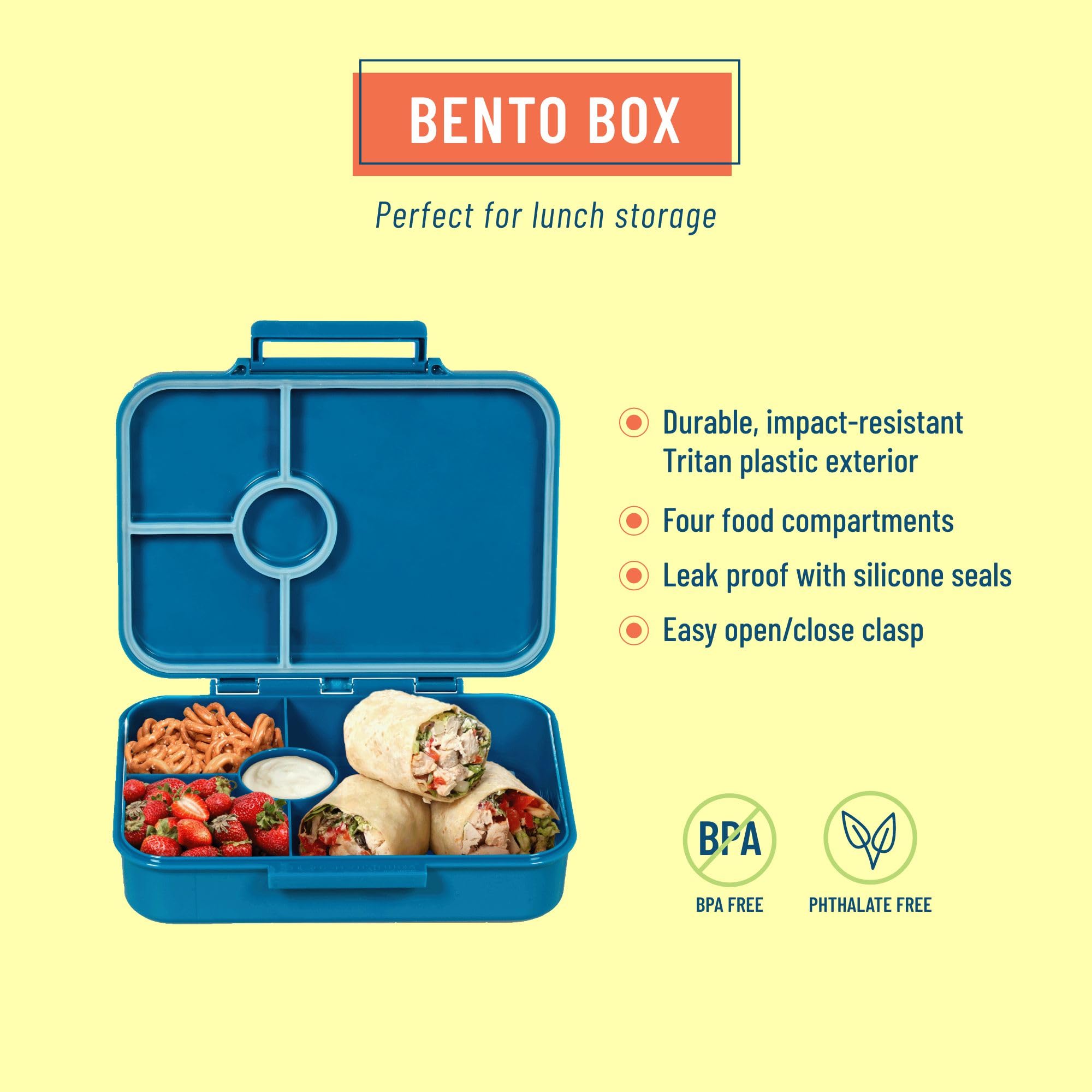 Wildkin Kids Bento Box For Boys And Girls, Features 4 Compartments, Leak Proof With Close Clasp Design, Ideal For Packing Snacks