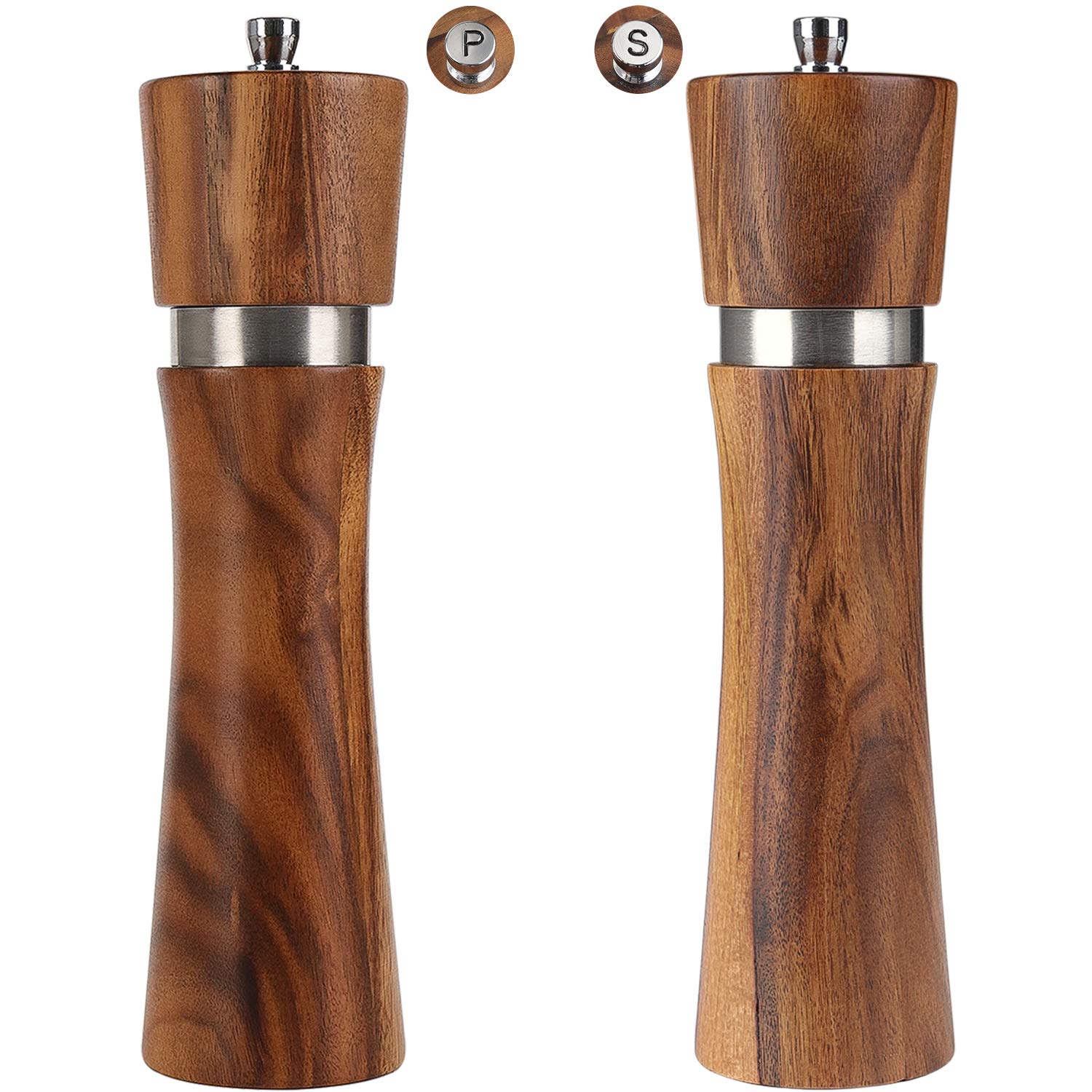 Wooden Salt And Pepper Grinder Set - Vanlonpro 8 Inch Refillable Salt And Pepper Shakers With Adjustable Ceramic/Stainless Steel