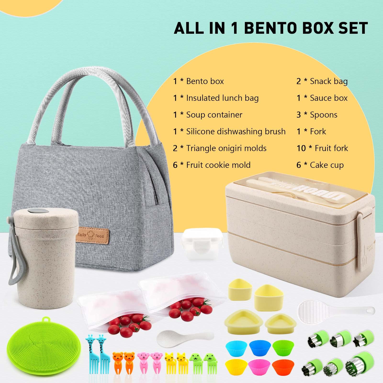 Meltset M 35Pcs Bento Box Japanese Lunch Box Kit Leakproof Bento Lunch Box For Kids Adults Wheat Straw 3 Layer Stackable Lunch C