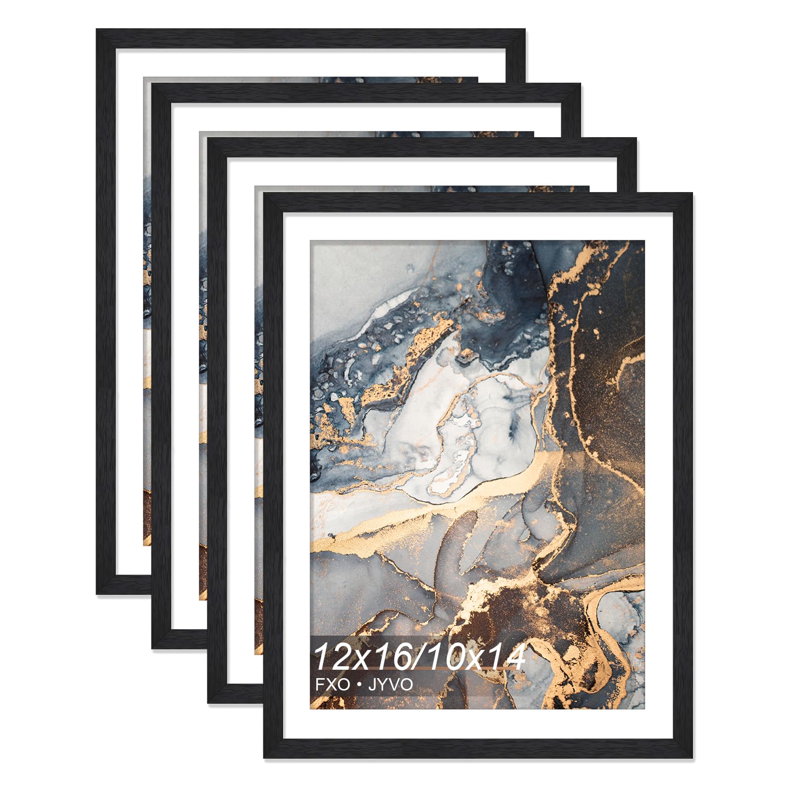 Fxojyvo Engineered Wood Black 12 x 16 Frame Set of 4, Display Picture 10x14 with Mat or 12x16 Without Mat, Picture Frame with Wo