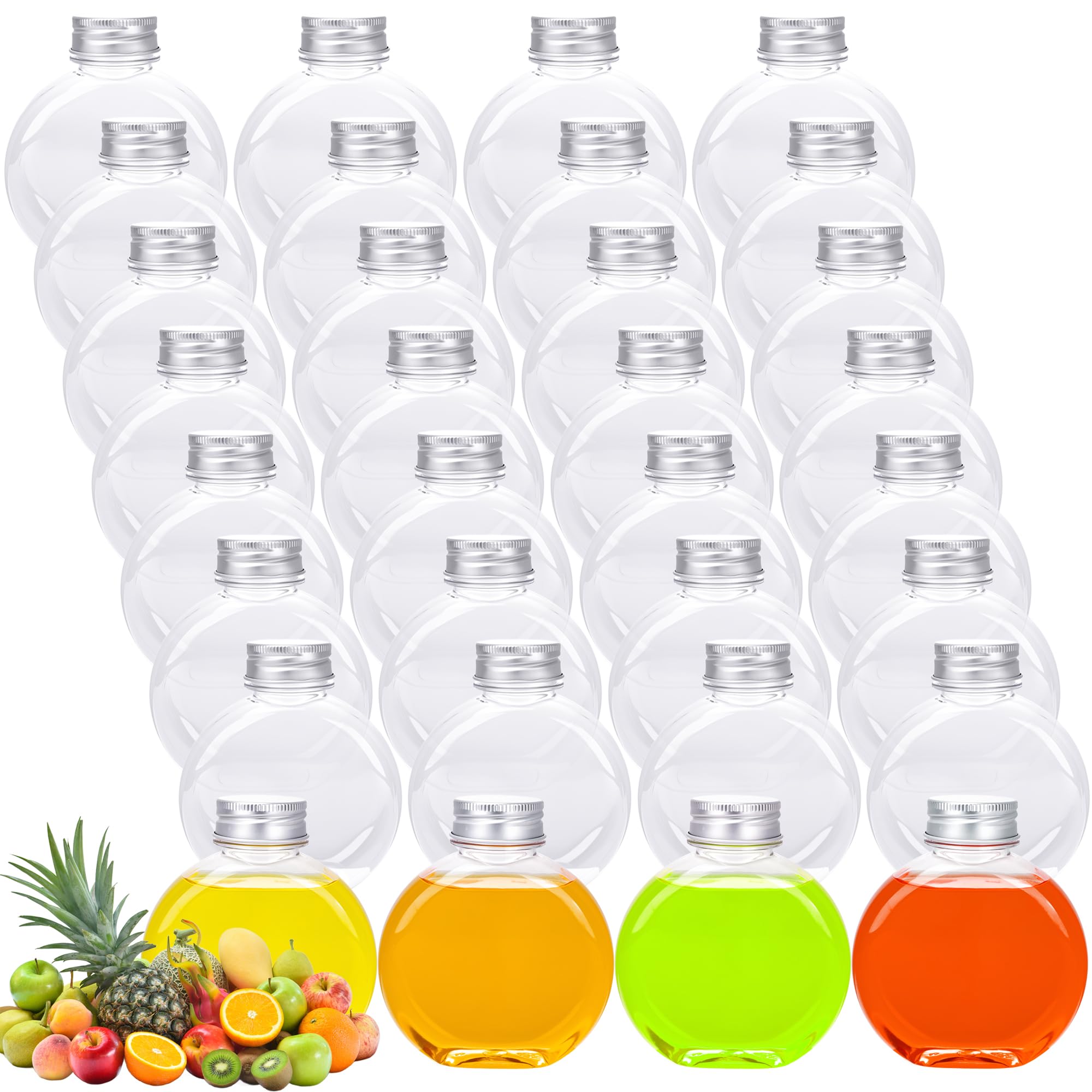 32 Pack Plastic Juice Bottles with Silver Aluminum Cap Clear Mini Plastic Flask Bulk 10 oz Leak Proof Juice Container Round Flat