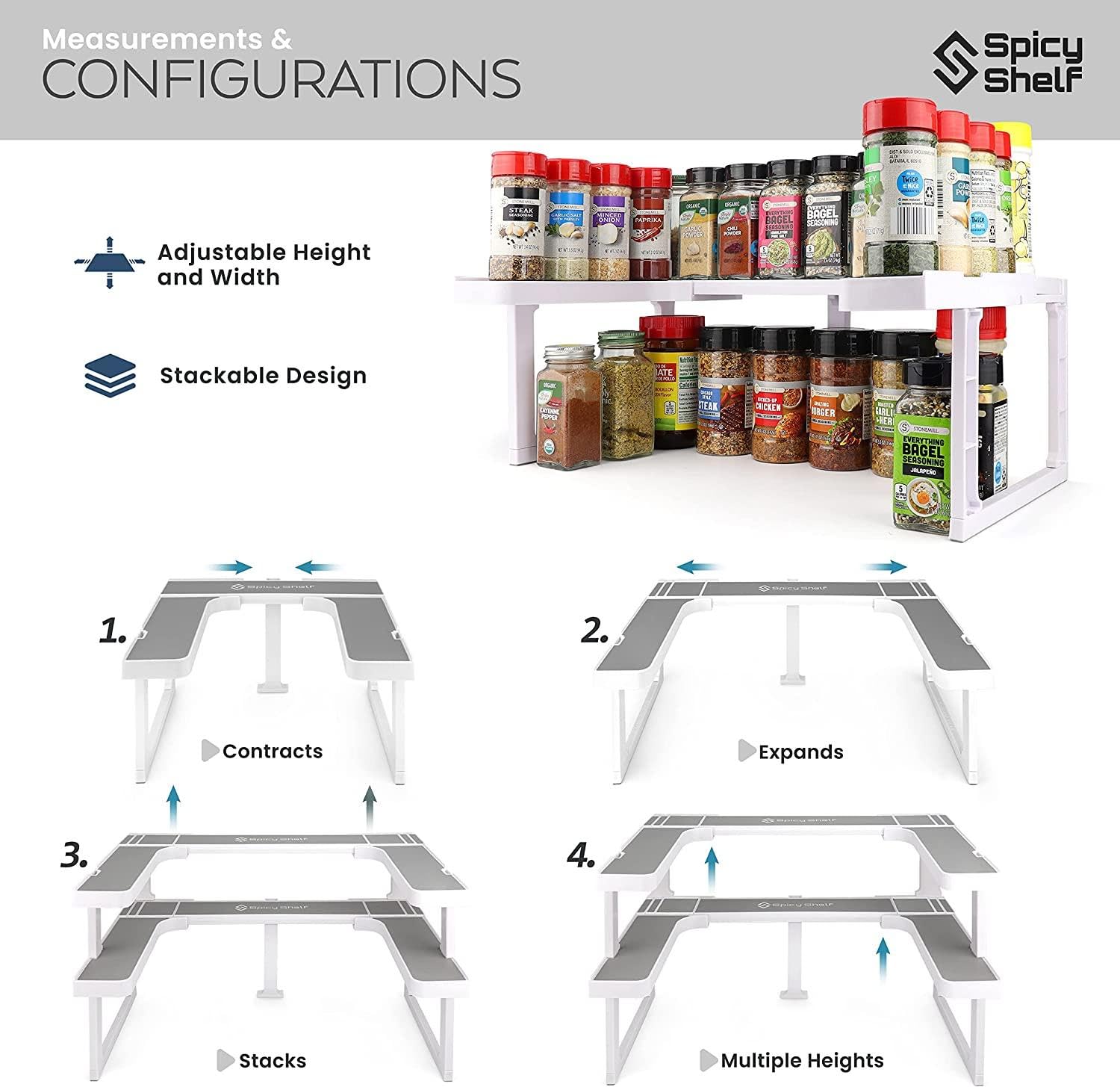 Spicy Shelf with 20 Jars of Spices inclded - Expandable Spice Rack and Stackable Cabinet & Pantry Organizer - Cabinet Spice Rack