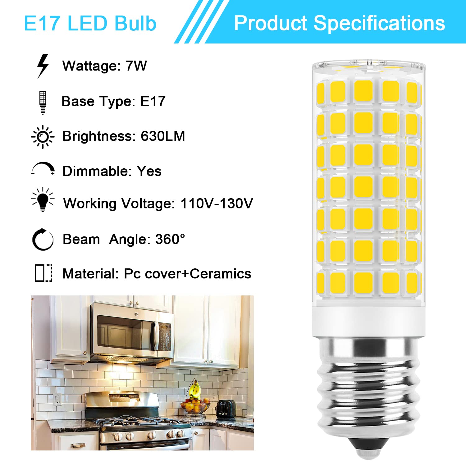 E17 Led Bulb Dimmable, 7W Microwave Over Stove Bulb, 120V 60W Incandescent Equivalent, Warm White 3000K, Fit For Whirlpool Mayta