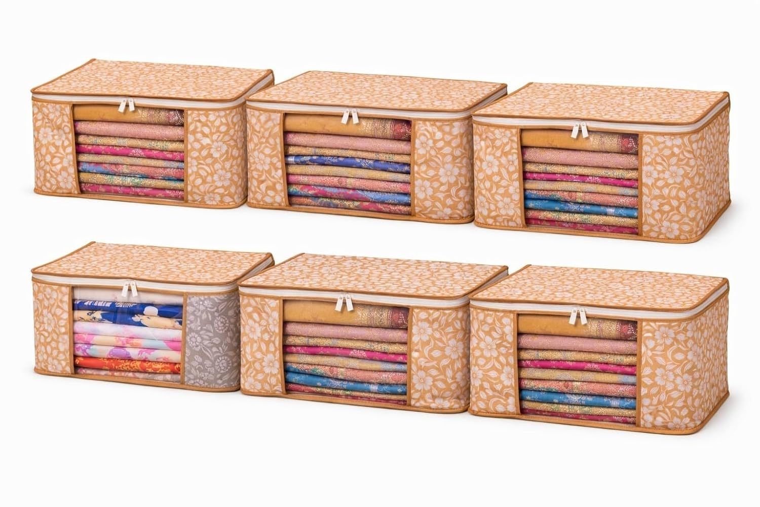 Clothes Storage Organizer Bags With Transparent Front Window And Zip Closure, (Cream & White Design, Pack Of)