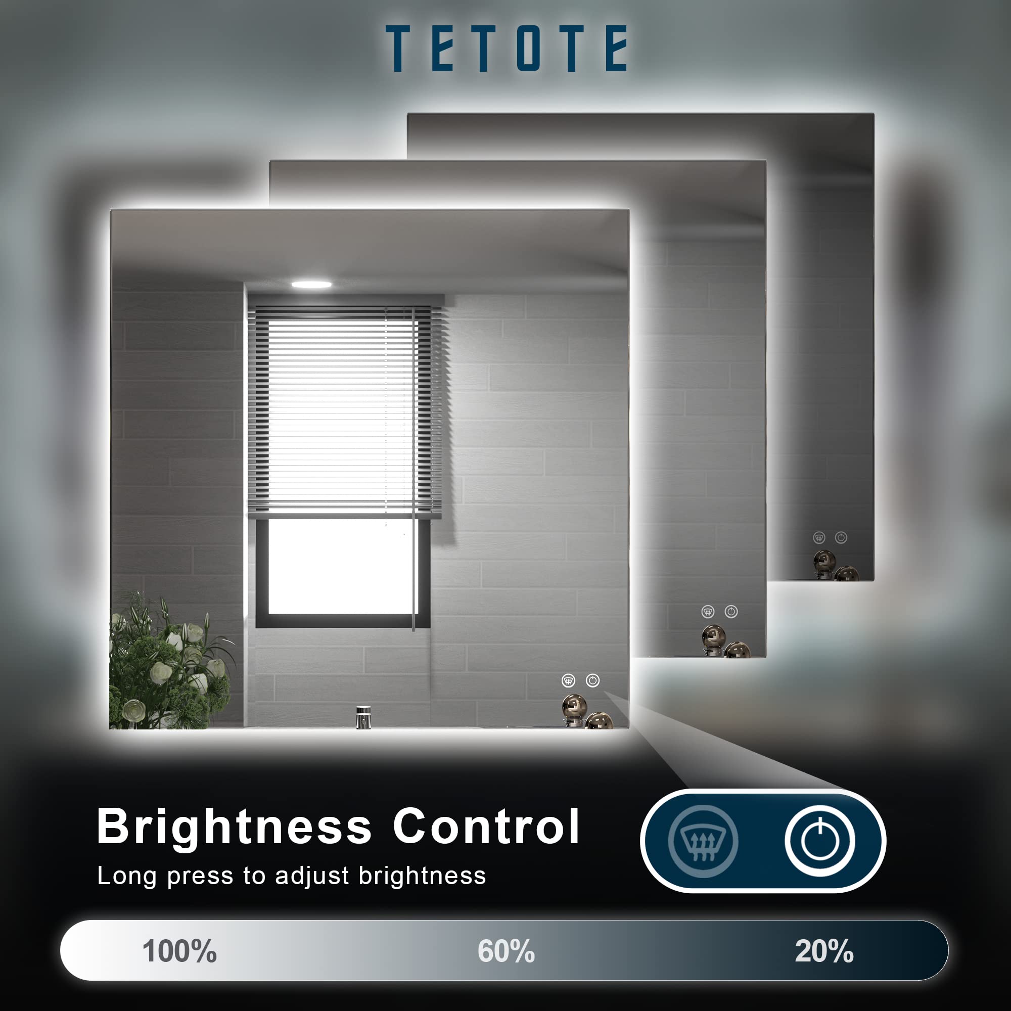 TETOTE 36x36Inch LED Backlit Bathroom Mirror with Lights 3Color White/Warm/Natural Anti-Fog Lighted Mirror Dimmable Vanity Mirror Wall Mounted