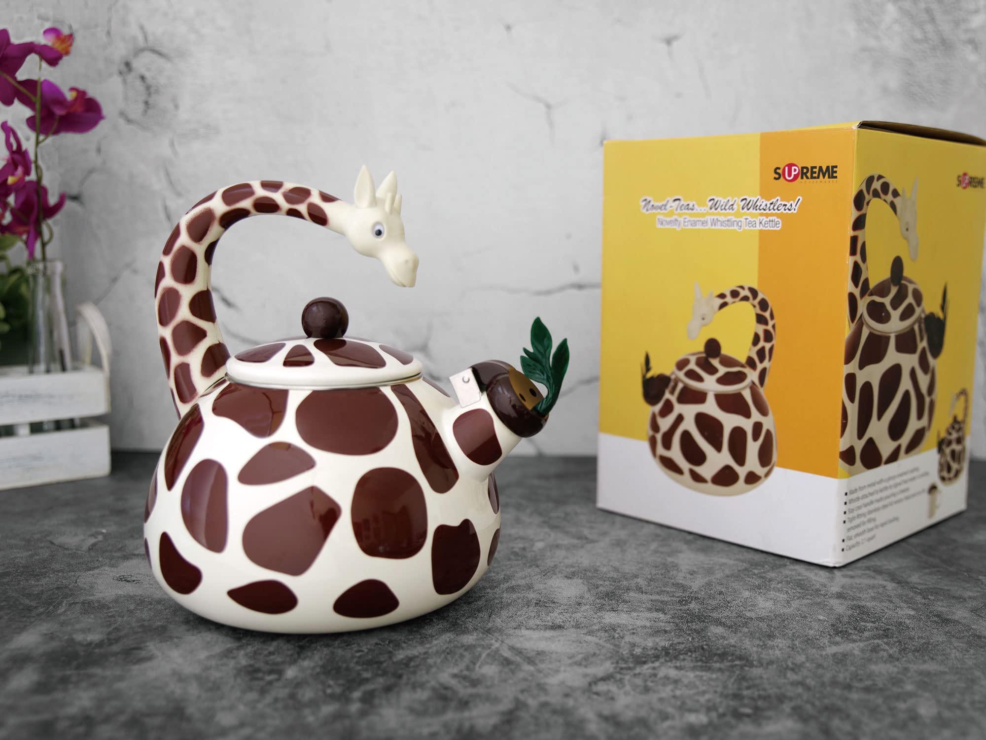 Upware Enamel On Steel Whistling Tea Kettle, Stovetop Teakettle (2.1 Quart, Giraffe)