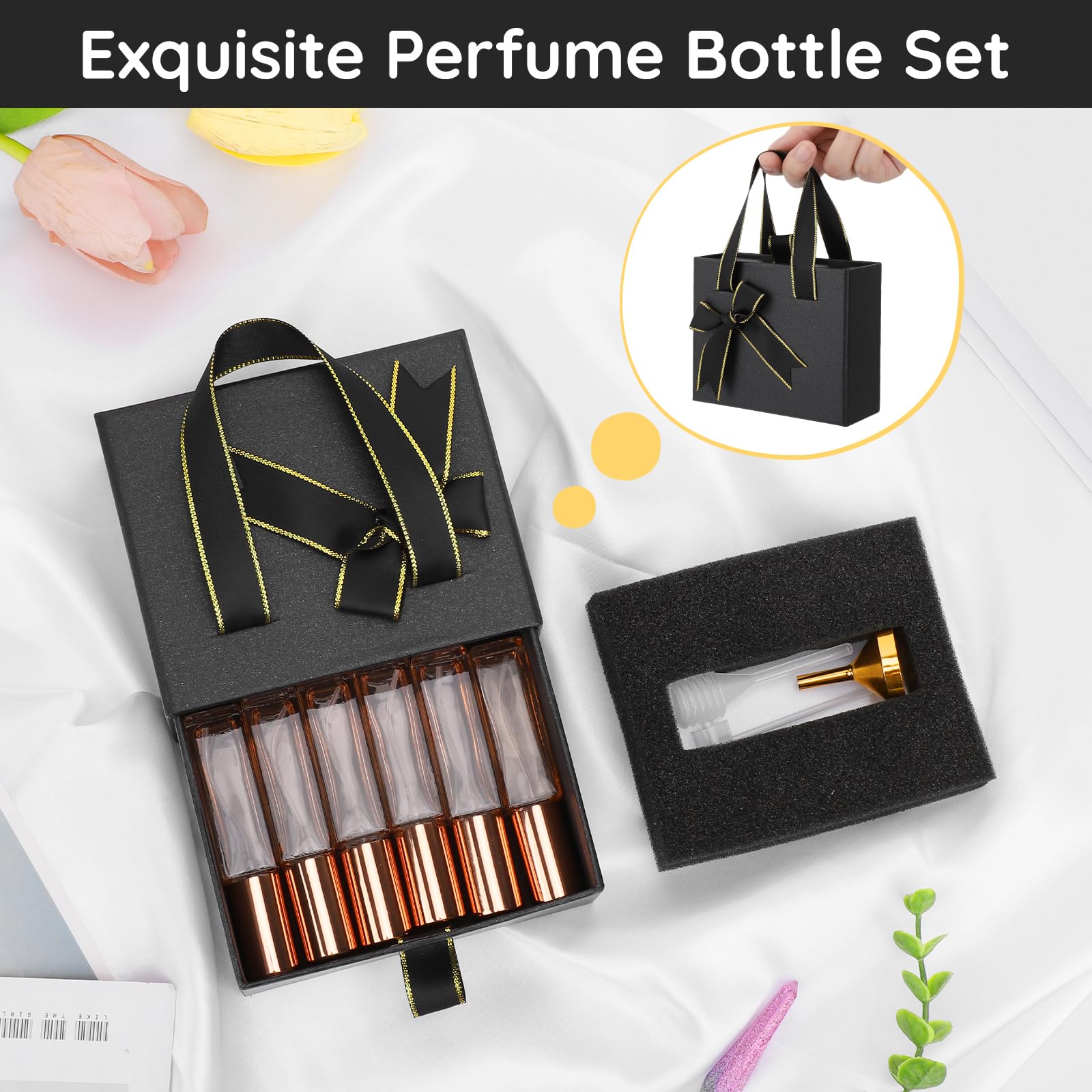 Segbeauty Refillable Perfume Bottle Travel, 6 Pack Perfume Spray Bottles Black Gift Box Set, 10Ml Mini Glass Perfume Atomizer Tr