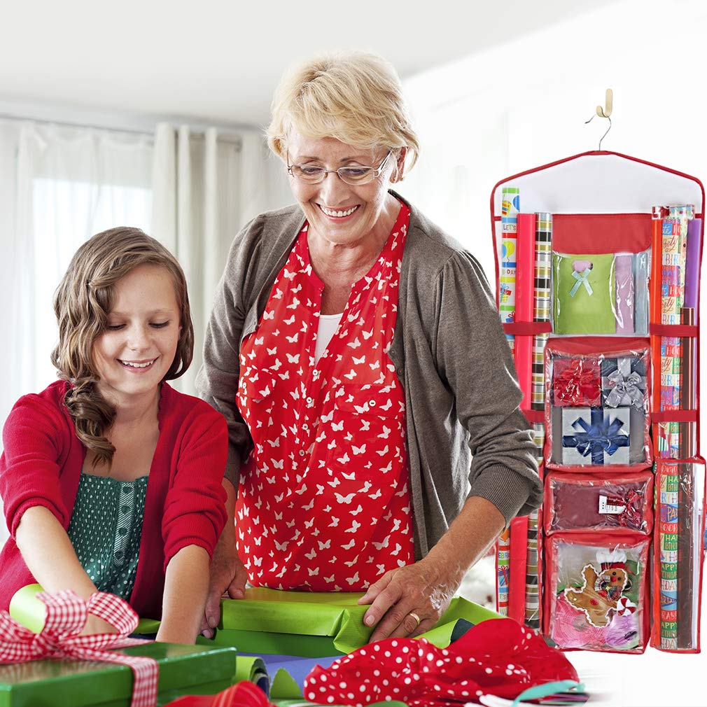 Propik Hanging Double Sided Wrapping Paper Storage Organizer With Multiple Pockets Organize Your Gift Wrap, Gift Bags Bows Ribbo
