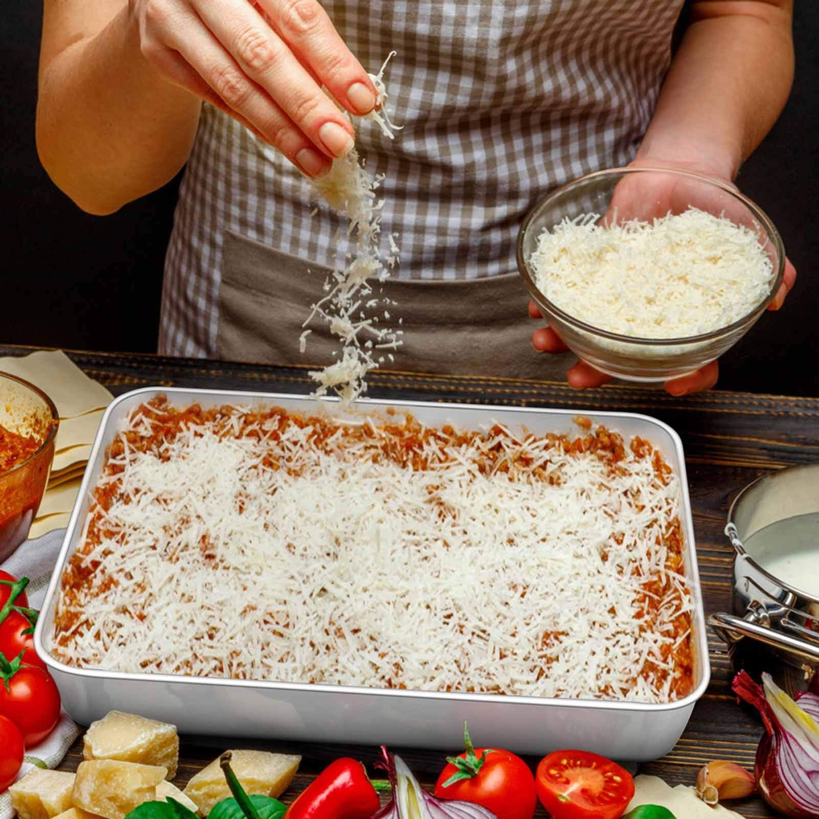 Teamfar Lasagna Pan, 12? X 9 X 2, Stainless Steel Rectangular Casserole Cake Baking Brownie Pan, Non-Toxic & Sturdy, Brushed Sur