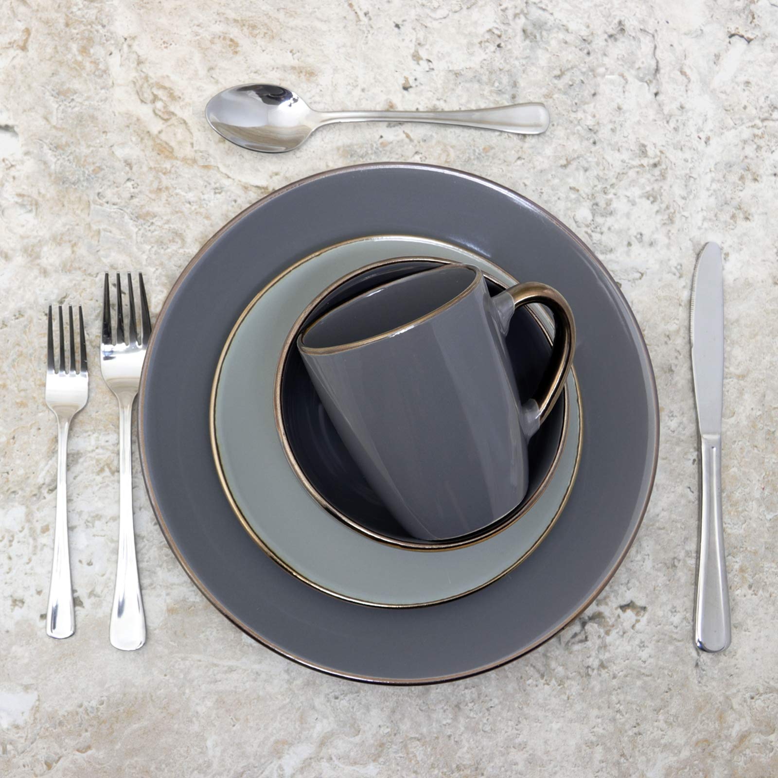Elama Round Stoneware Grand Collection Dinnerware Dish Set, 16 Piece, Assorted Solid Gray
