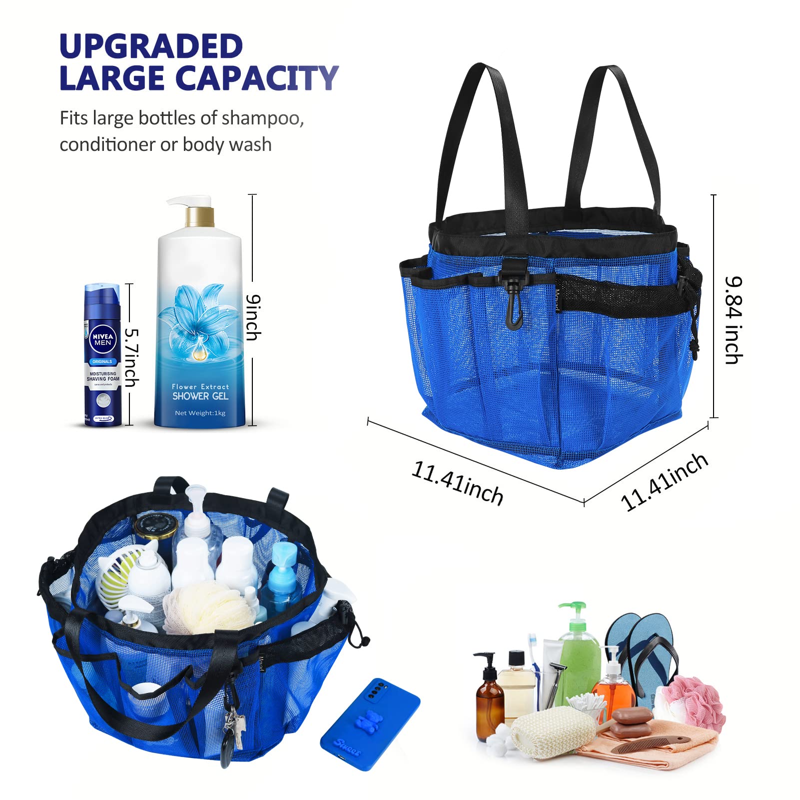 Moyad Large Mesh Shower Caddy Bag For College Dorm Room Essentials With 8 Pockets, Hanging Portable Shower Tote Bag Travel Showe