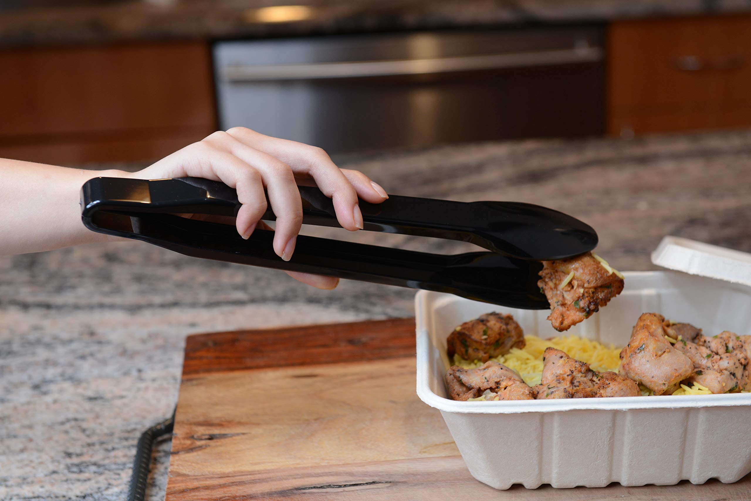Set Of 3 - Heavy Duty Black Serving Tongs - 9 Inch - Plastic Disposable Salad Tongs - High Heat Plastic, Catering, Salads, Baker