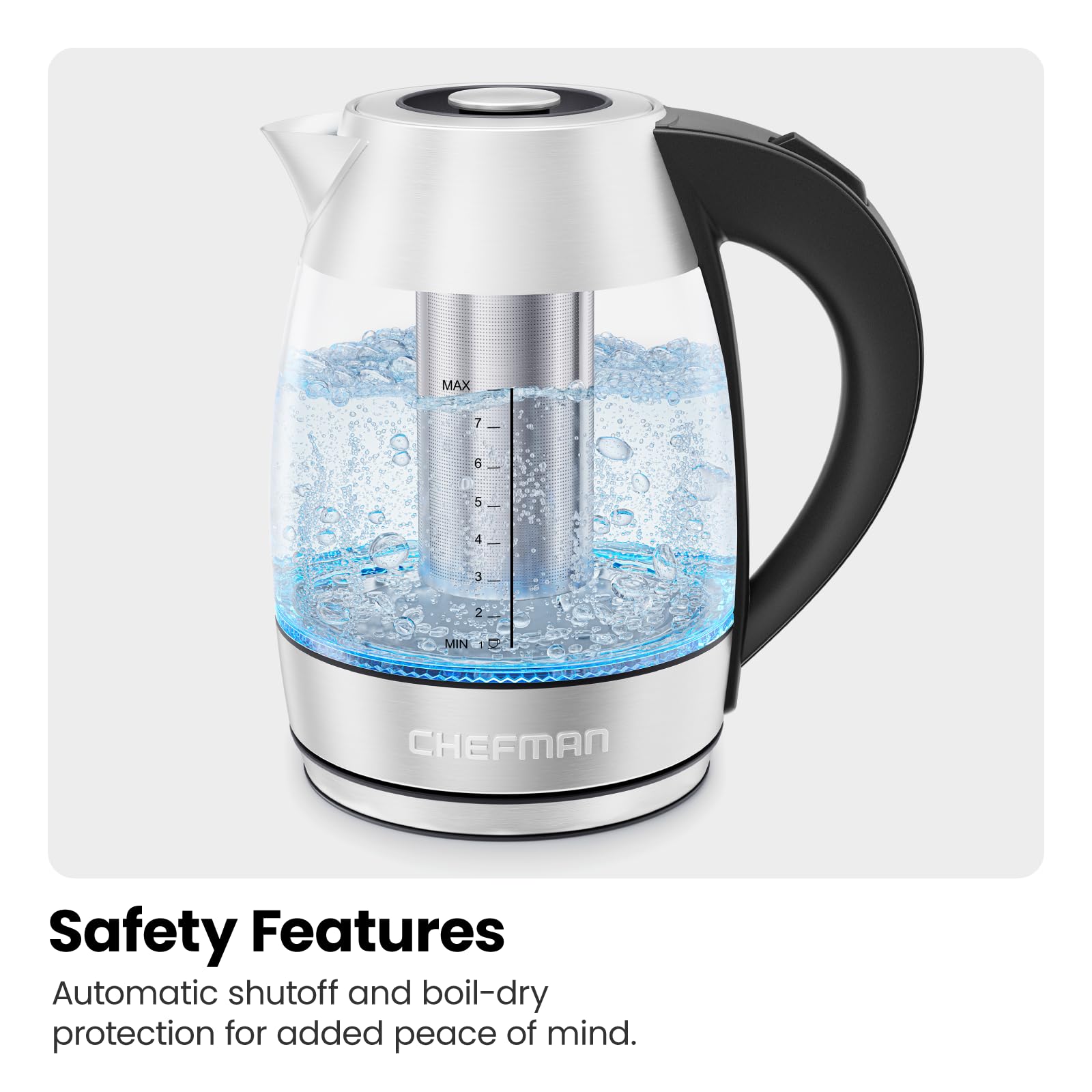 Chefman Electric Kettle for Boiling Water, 1.8L 1500W, Removable Tea Infuser, Auto Shut Off, Boil-Dry Protection, BPA Free, Boro