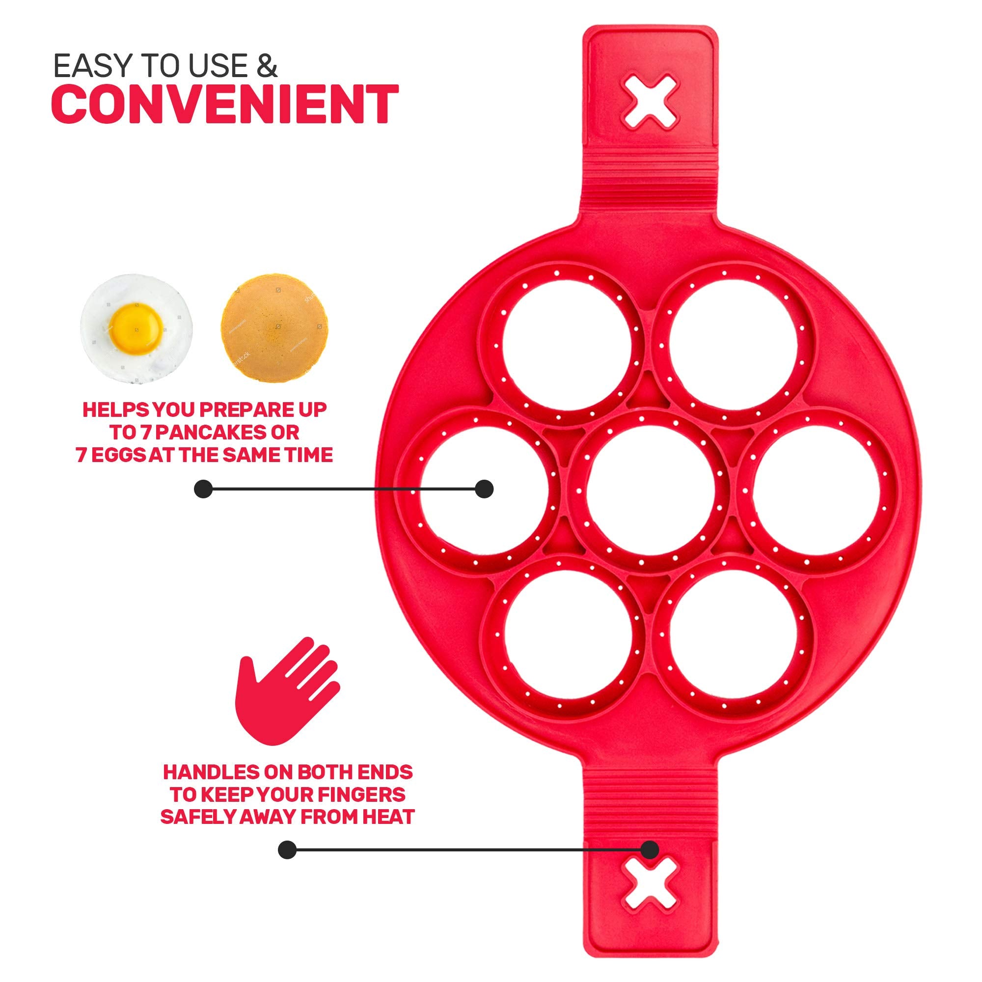 EXULTIMATE Silicone Pancake Mold - Mini Pancakes & Fried Eggs Maker, 7 Cavity, Red, Model WHD1185