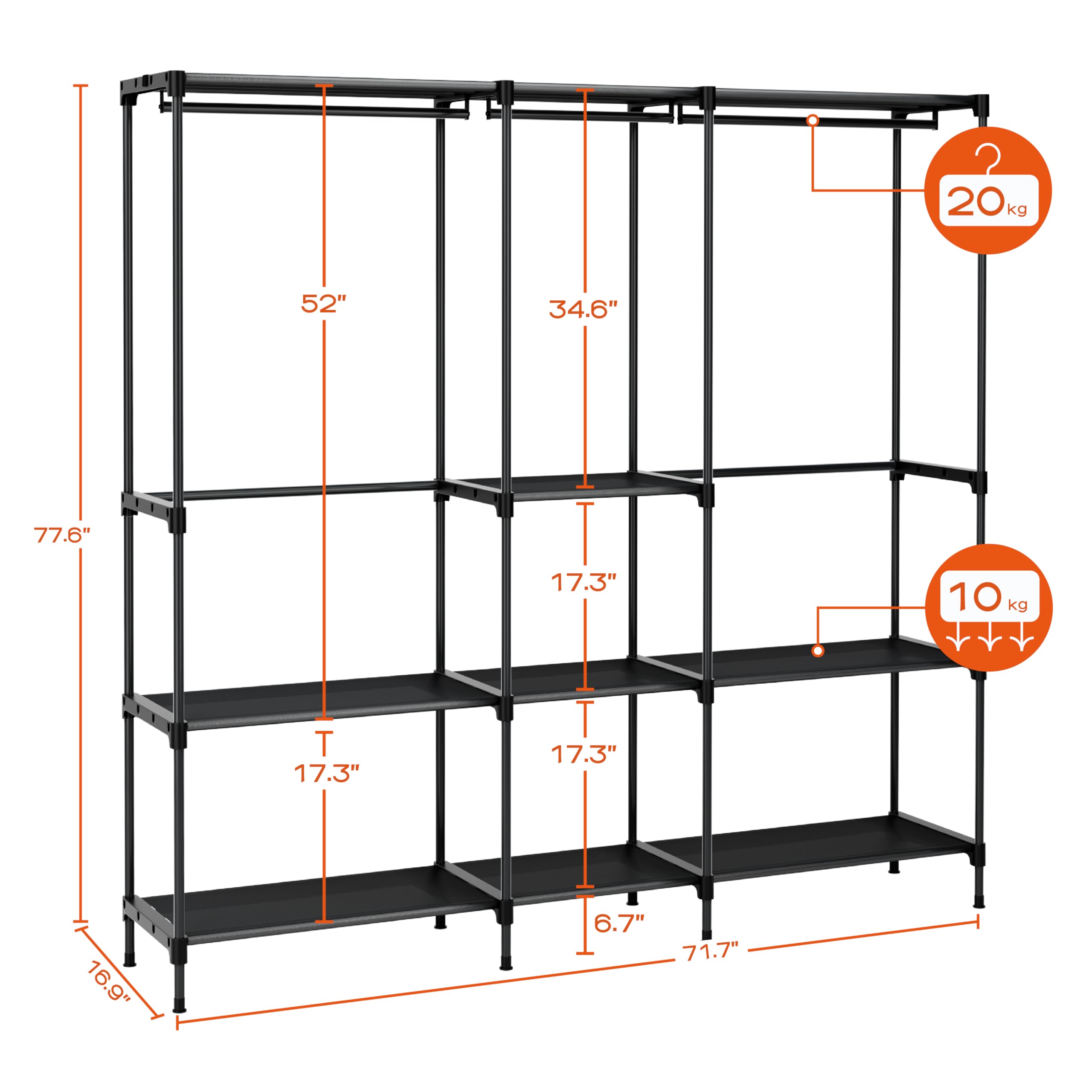 Casamaya Clothes Rack, Portable Closet, 71.7 Inch Large Capacity Wardrobe Closet, Clothes Storage Organizer With Shelves And 3 H