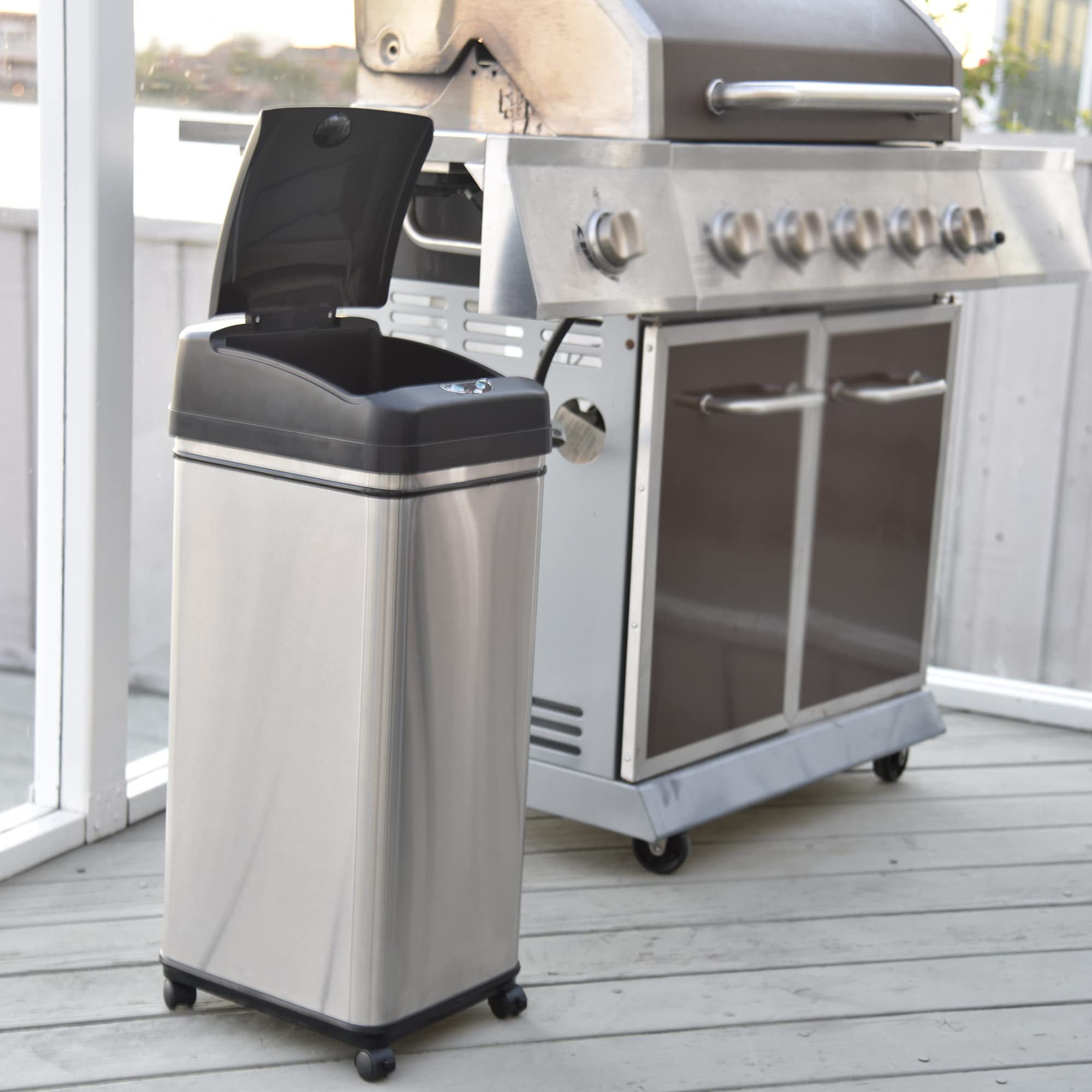 Itouchless Rolling 13 Gallon Sensor Kitchen Trash Can With Lid And Wheels, Odor Filter, Stainless Steel, Automatic Kitchen Trash