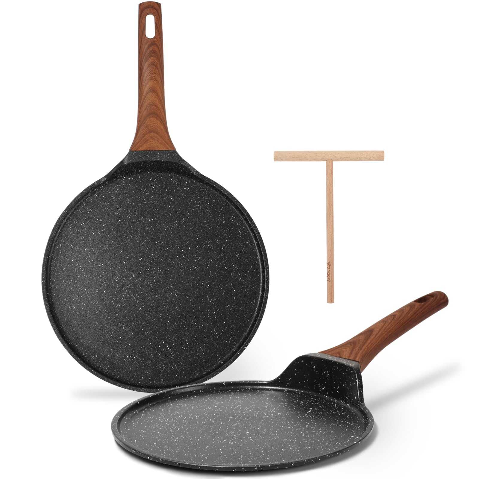 ESLITE LIFE Nonstick Crepe Pan Set with Spreader, 9.5 & 11 Inch Granite Coating Flat Skillet Dosa Tawa Comales Para Tortillas Pa