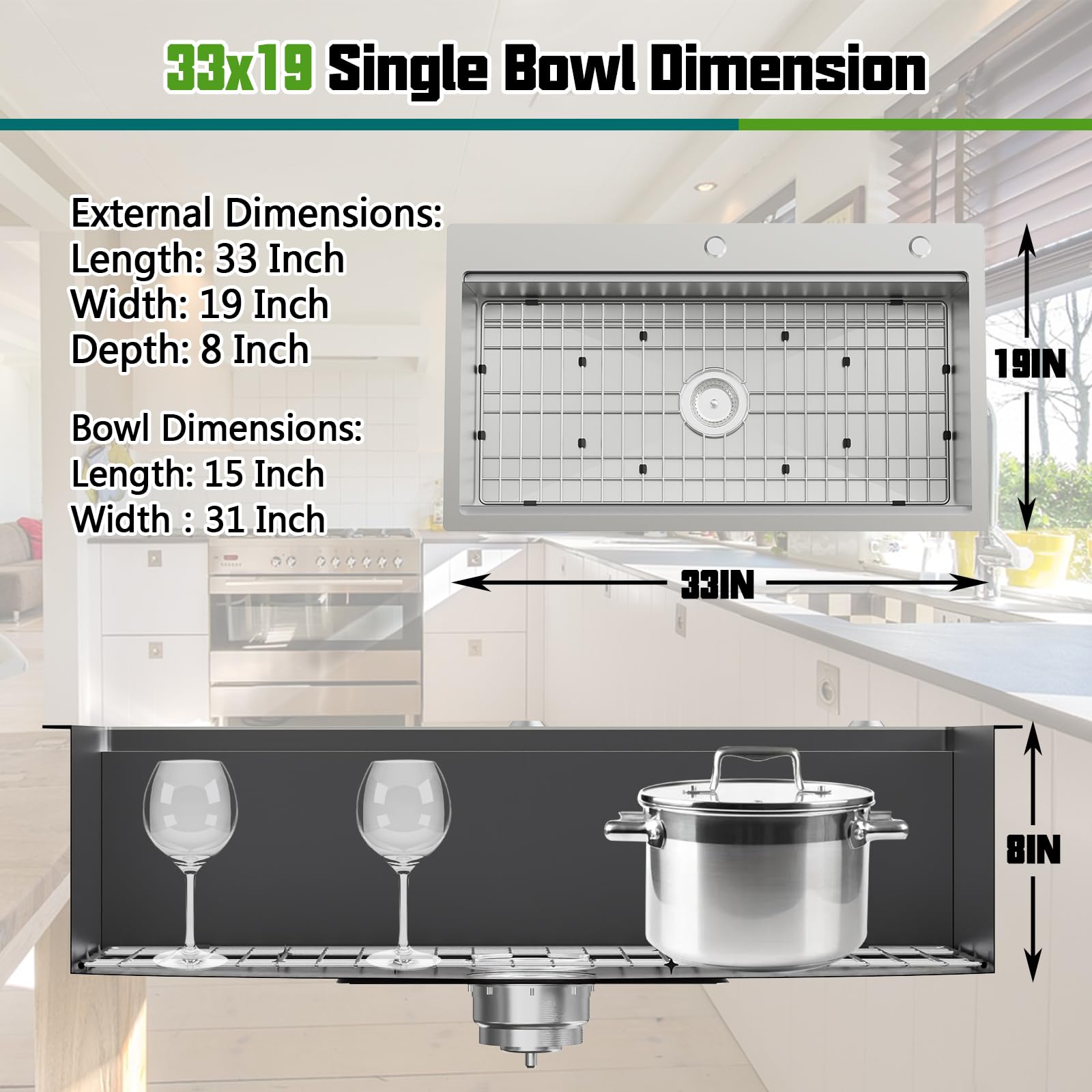 Kitchen Sink Workstation, 33x19 In Stainless Steel Drop In Modern Large Single Bowl Workstation Sink Gift Combo-SS Grid,Drying R