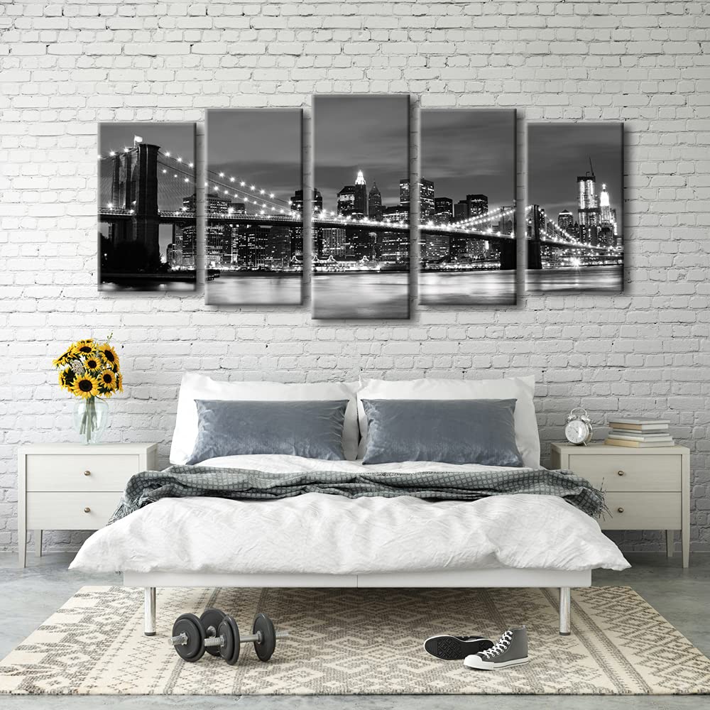 Wieco Art Large Brooklyn Bridge Night View Modern Giclee Canvas Prints Artwork Landscape Pictures To Photo Paintings On Stretche