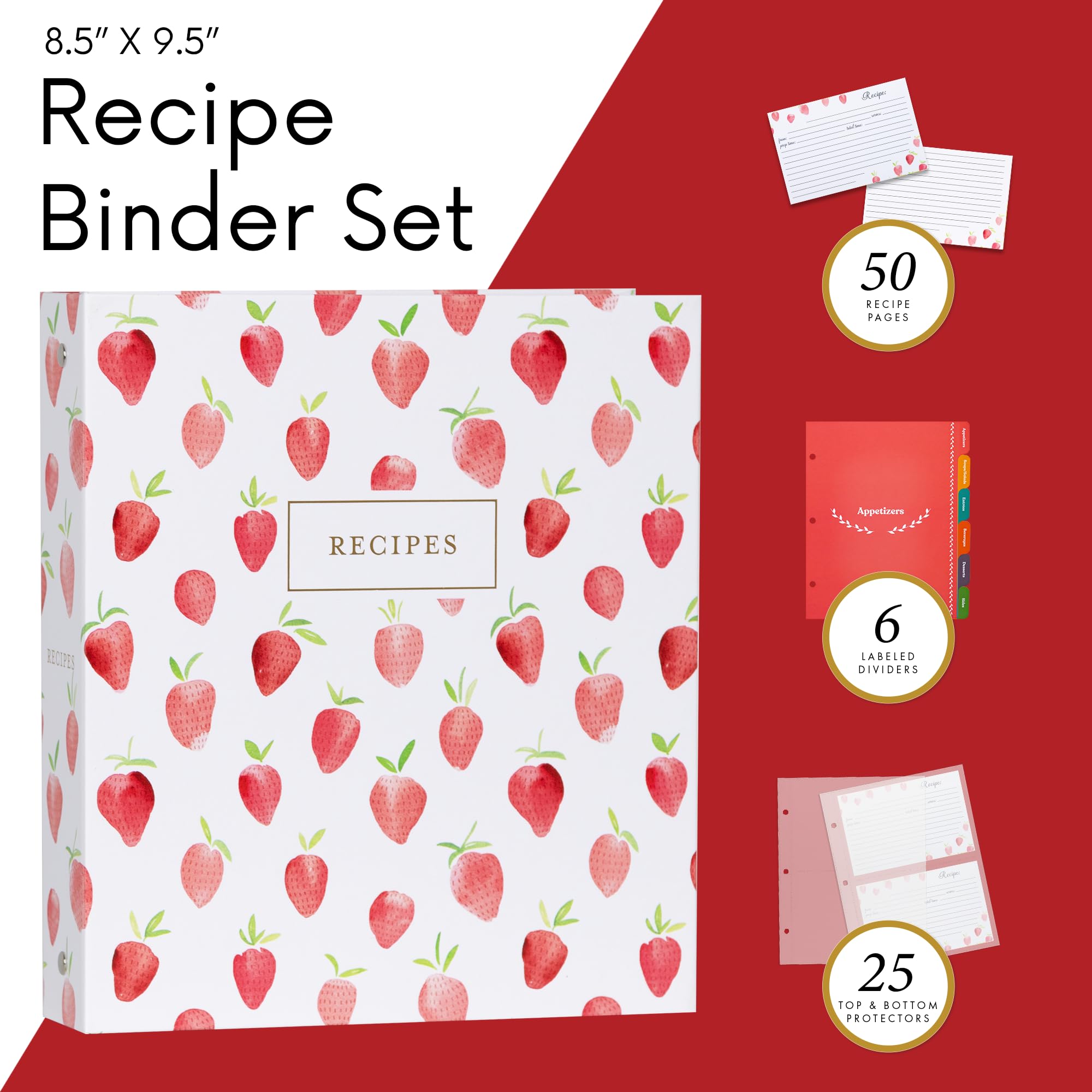Jot & Mark 3 Ring Recipe Binder 8.5'' X 9.5'' | Full-Page With Clear Protective Sleeves And Color Printing Paper For Family Reci