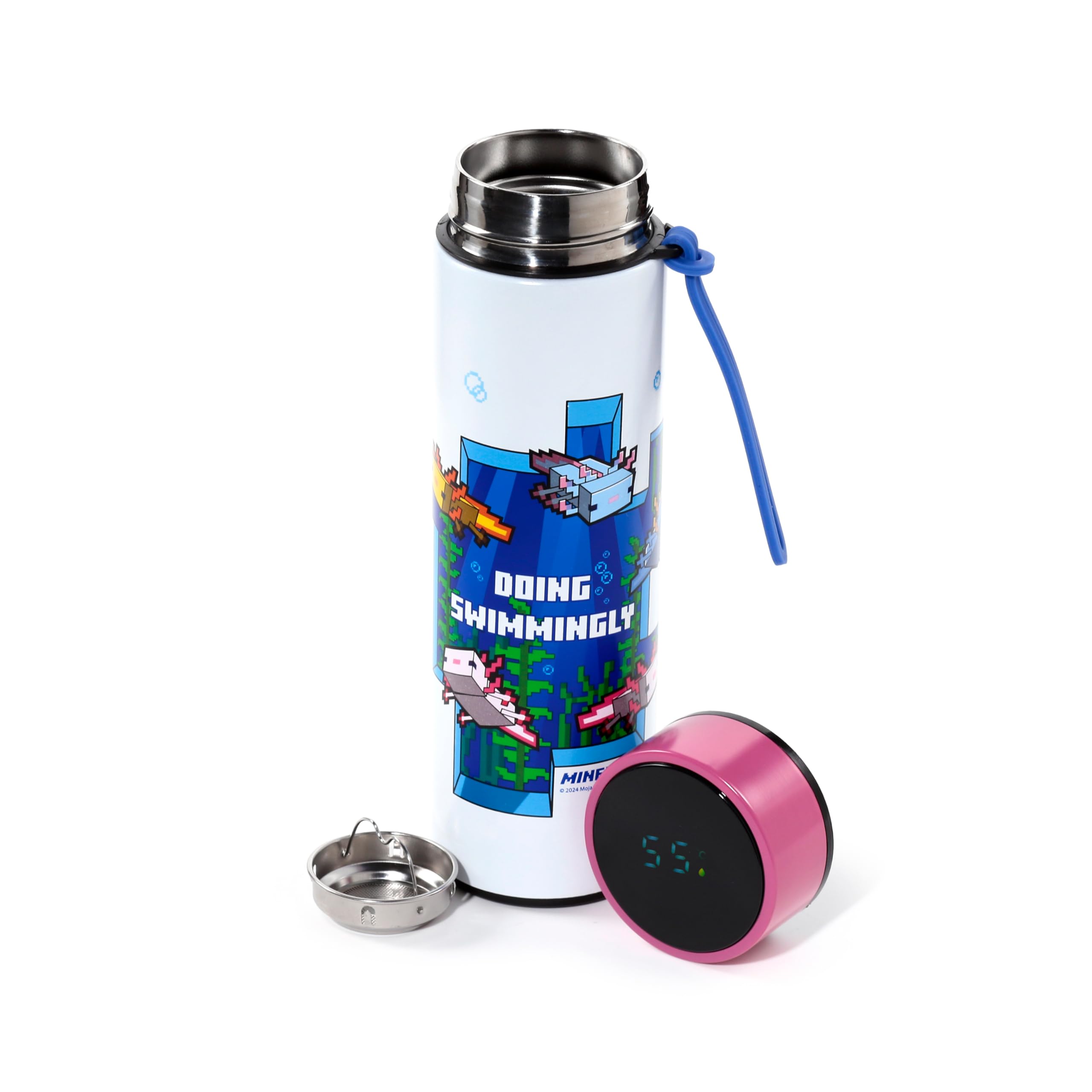 Puckator Minecraft Axolotl Hot & Cold Digital Thermometer Bottle  Reusable Insulated Active Water Bottle Flask for Girls and Bo
