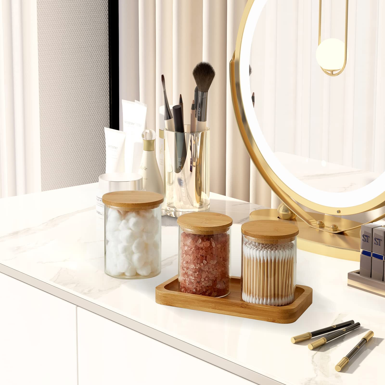 Bamboo Vanity Tray  Bathroom Tray Organizer Glass Qtip Holder Dispenser Apothecary Jars for Cotton Swabs Balls  Round Pad  Perfume Candles  Cosmetics and Jewelry Storage Organizer