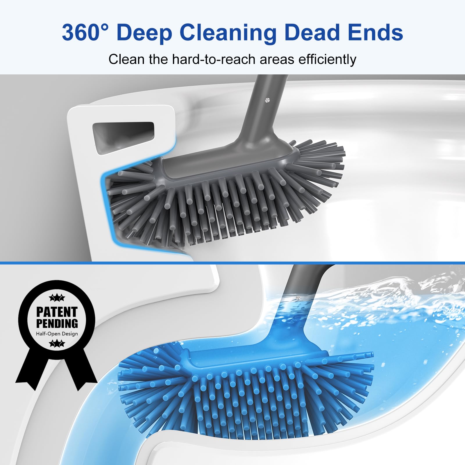 HAMITOR Silicone Toilet Brush Set - Gray Deep Cleaning Scrubber for Bathroom, 1 Pack, Modern Design, Curved Bristle for Corner Cleaning