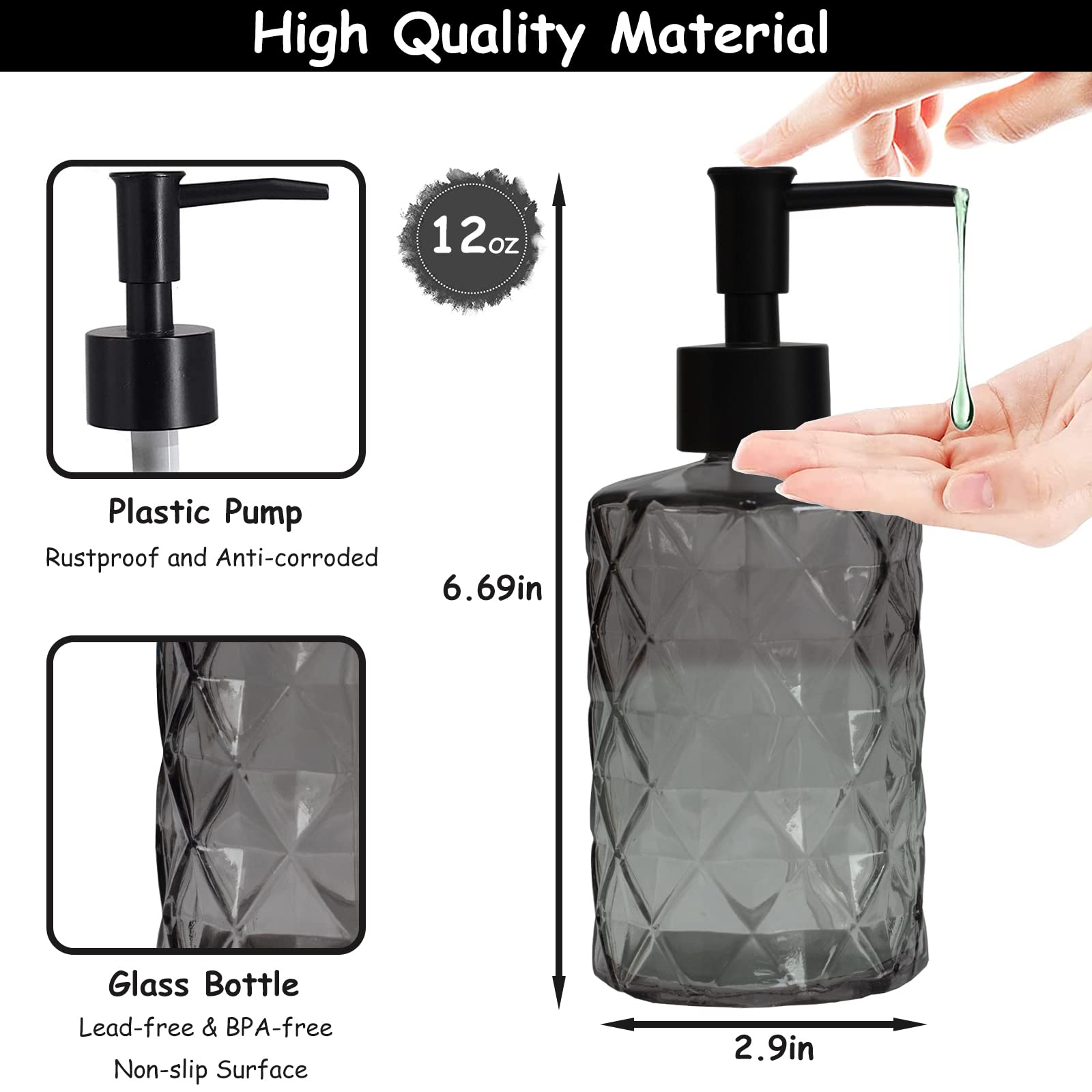 Glass Soap Dispenser With Black Plastic Pump, 12Oz Refillable Liquid Hand Soap Dispenser, 2 Pack Crystal Lotion Bottle For Moder