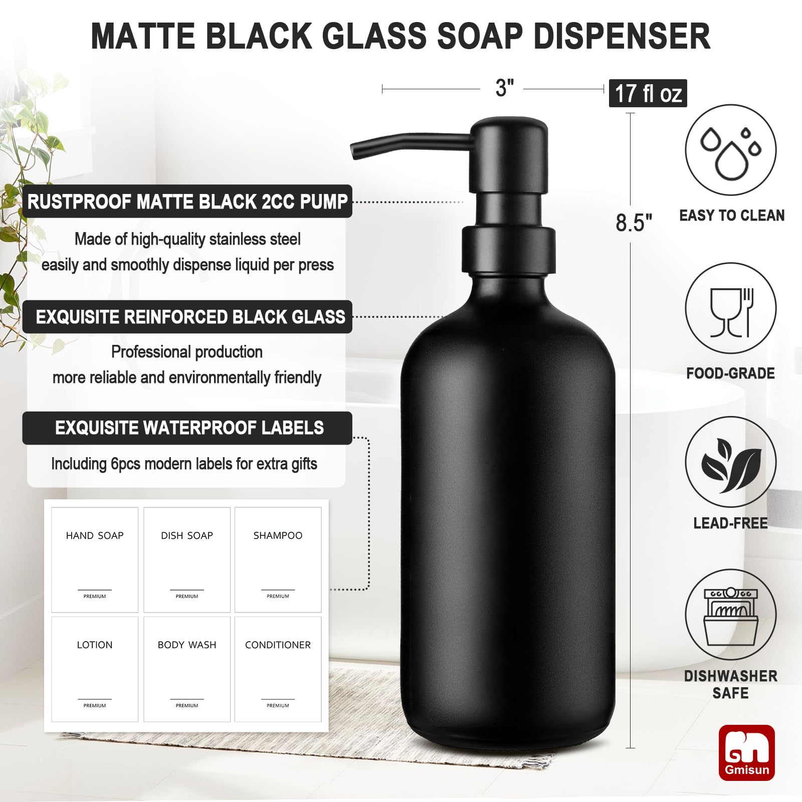 GMISUN Hand and Dish Soap Dispenser set  2 Pack Kitchen Matte Black Soap Dispenser with Rustproof Stainless Steel Pump  16 Oz Refillable Liquid Pump Bottle Dispensers for Kitchen & Bathroom Countertop