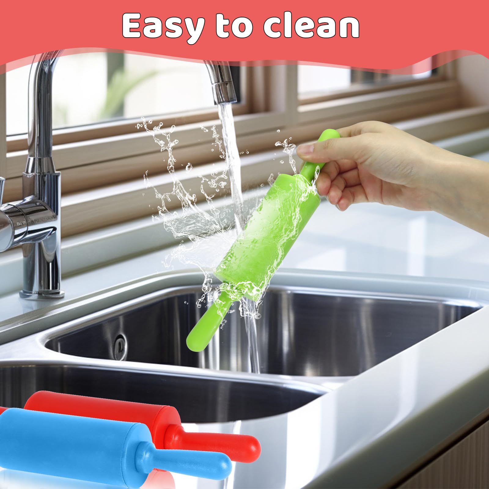 Faxco 4 Pack Mini Rolling Pin For Kids, 9 Inch Plastic Handle Rolling Pin Non-Stick Silicone Rolling Pins For Children Cake Baki