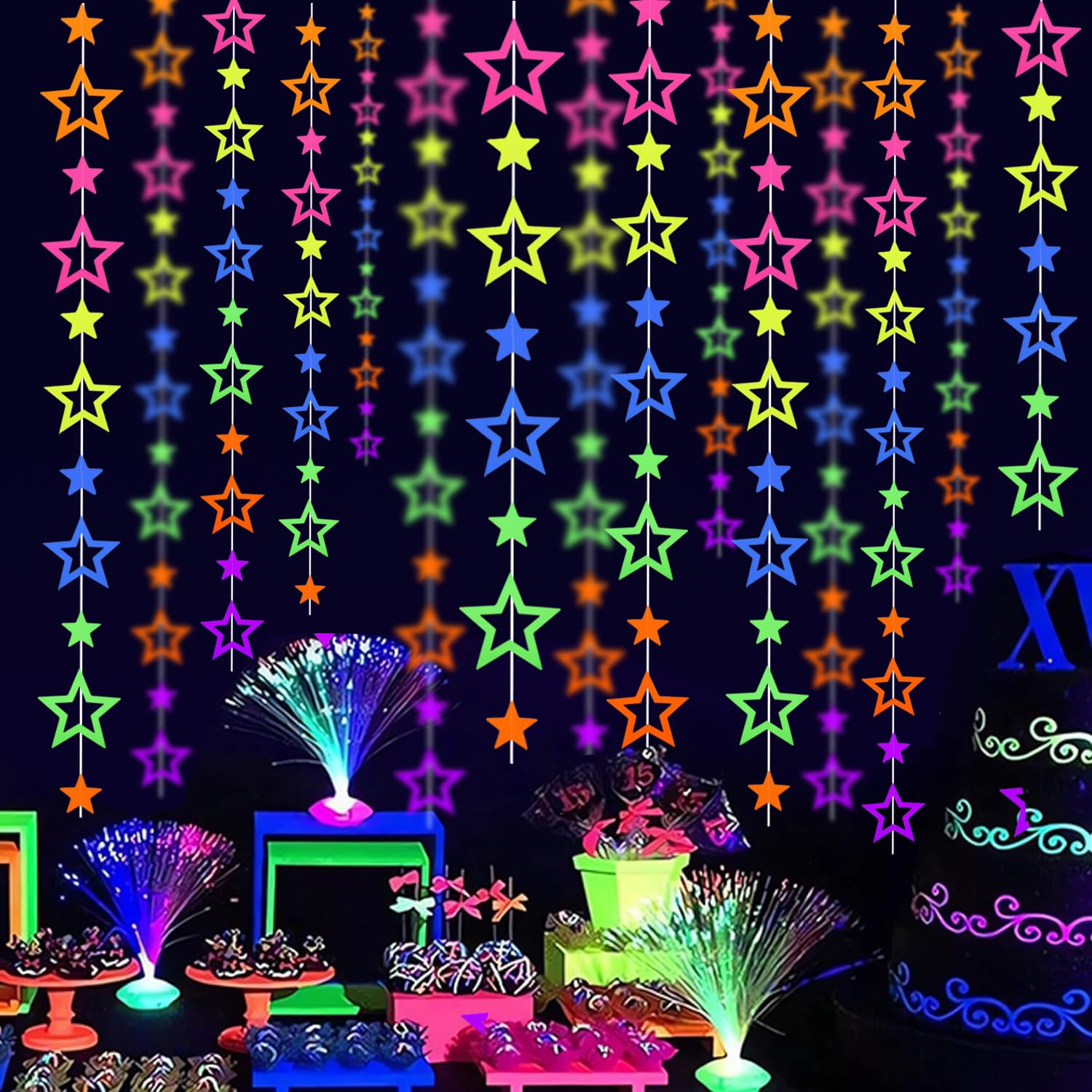 126Feet Uv Paper Neon Garland Hollowed Star Neon Streamers Black Light Neon Decorations Glow Party Uv Reactive Neon Party Favors