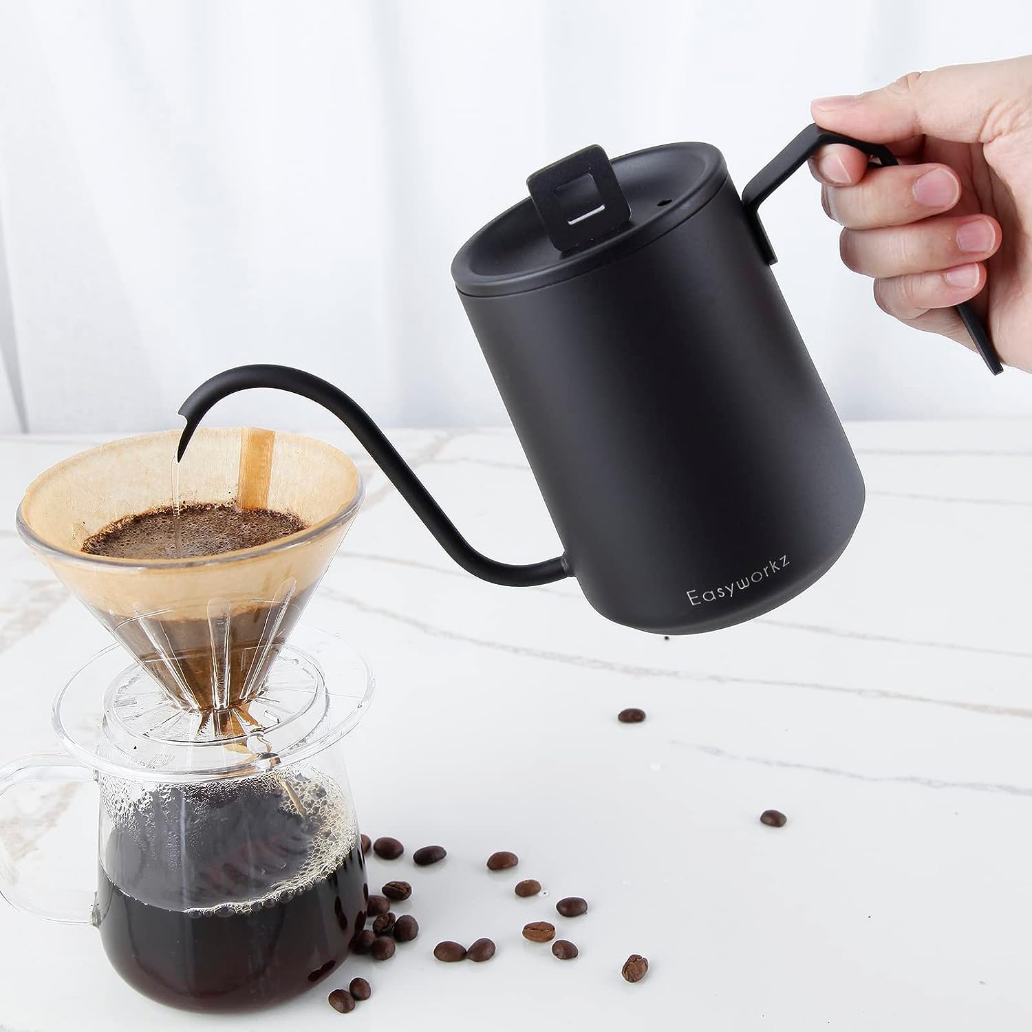 Easyworkz Gooseneck Pour Over Coffee Kettle 20 Oz Stainless Steel Hand Drip Coffee Pot With Long Narrow Spout, Matte Black