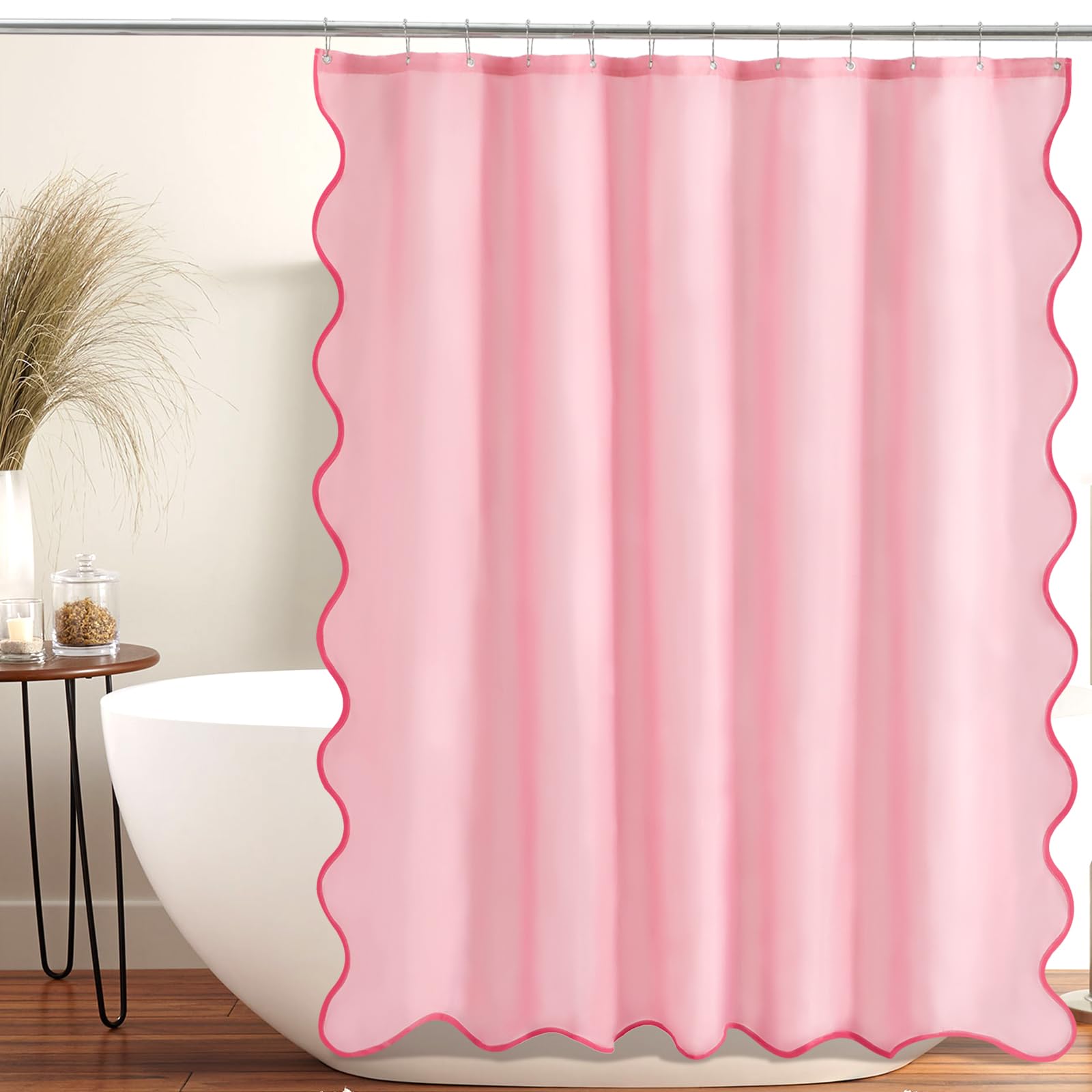 Ortigia Pink Scalloped Shower Curtain, Cute Boho Preppy Shower Curtains Pretty Aesthetic Waterproof Fabric Shabby Chic Bath Bath